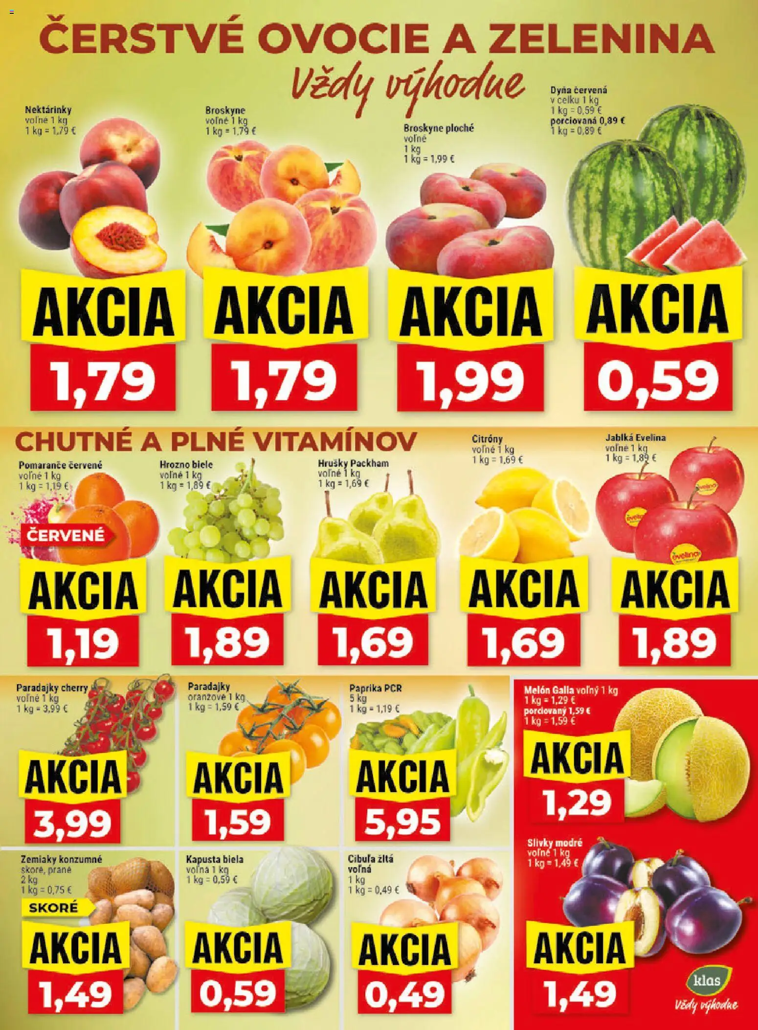 Nové Klas akcie – leták je platný od 17.08.2026 | Strana: 3 | Produkty: Kapusta, Pomaranče, Melón, Broskyne