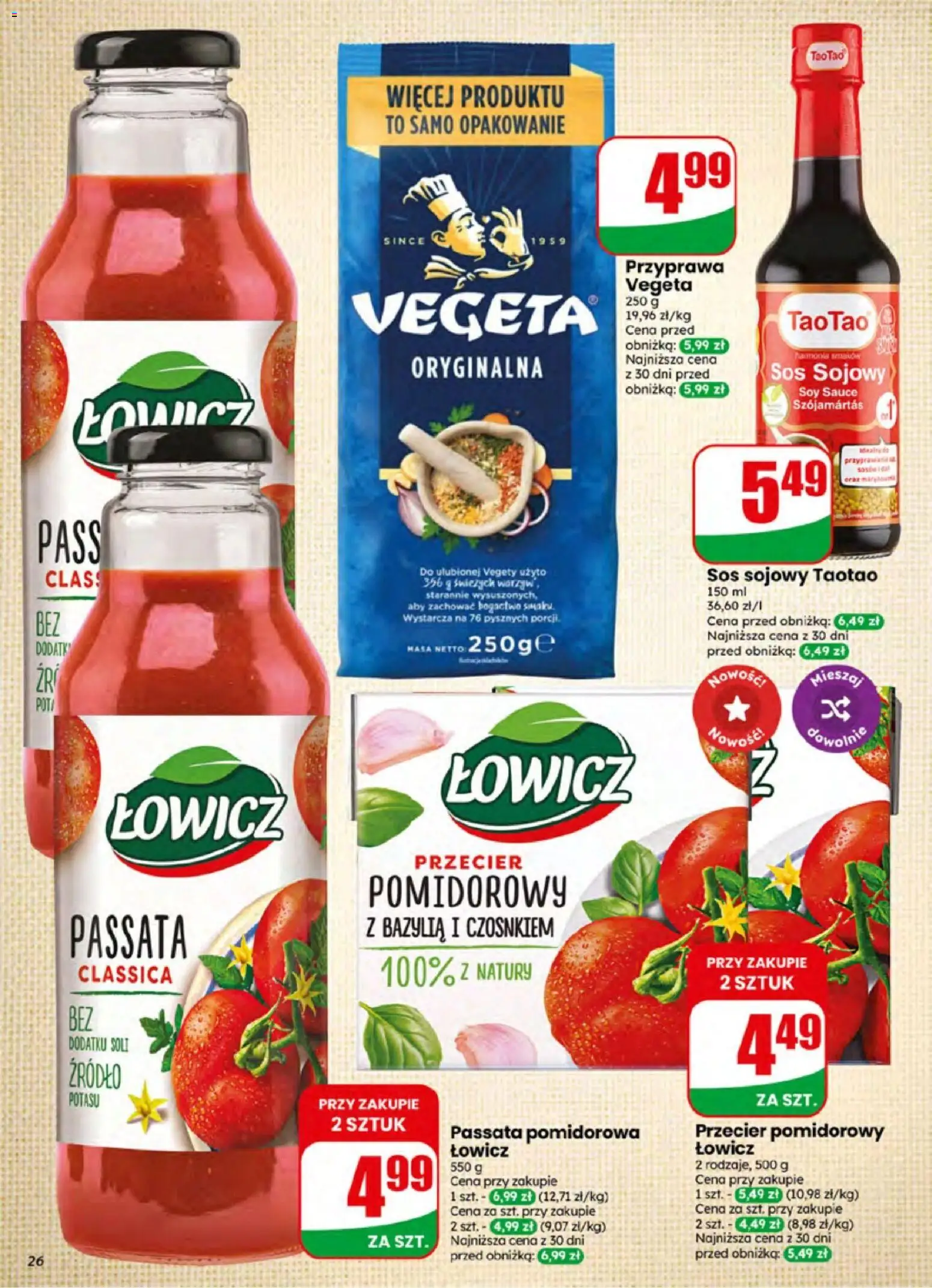 Dino gazetka od 24.06.2026 | Strona: 26 | Produkty: Przecier pomidorowy, Bazylia, Passata pomidorowa, Sos sojowy