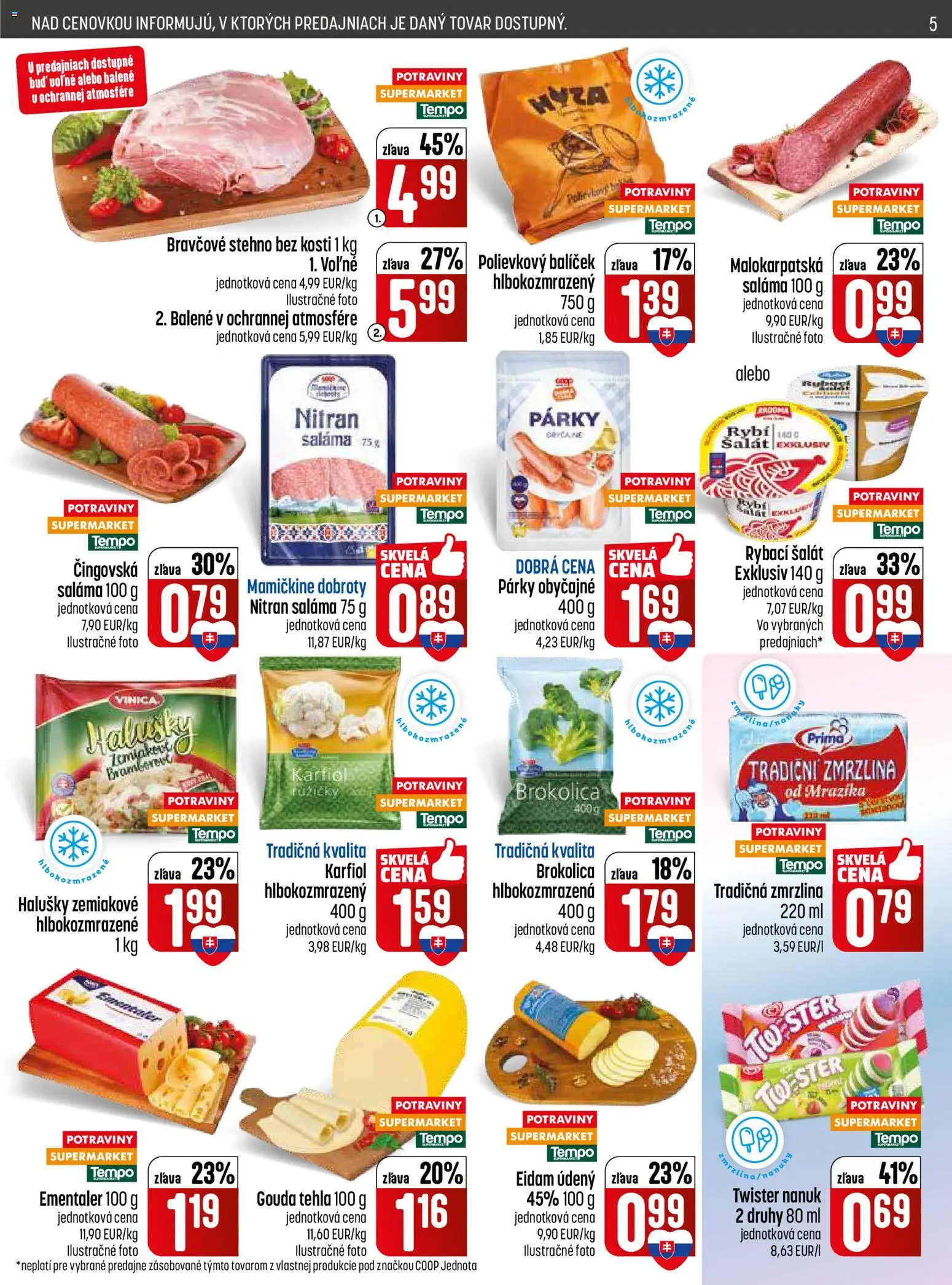 Nové COOP Jednota akcie – leták je platný od 21.05.2026 | Strana: 5 | Produkty: Saláma, Bravčové stehno, Nanuk, Párky