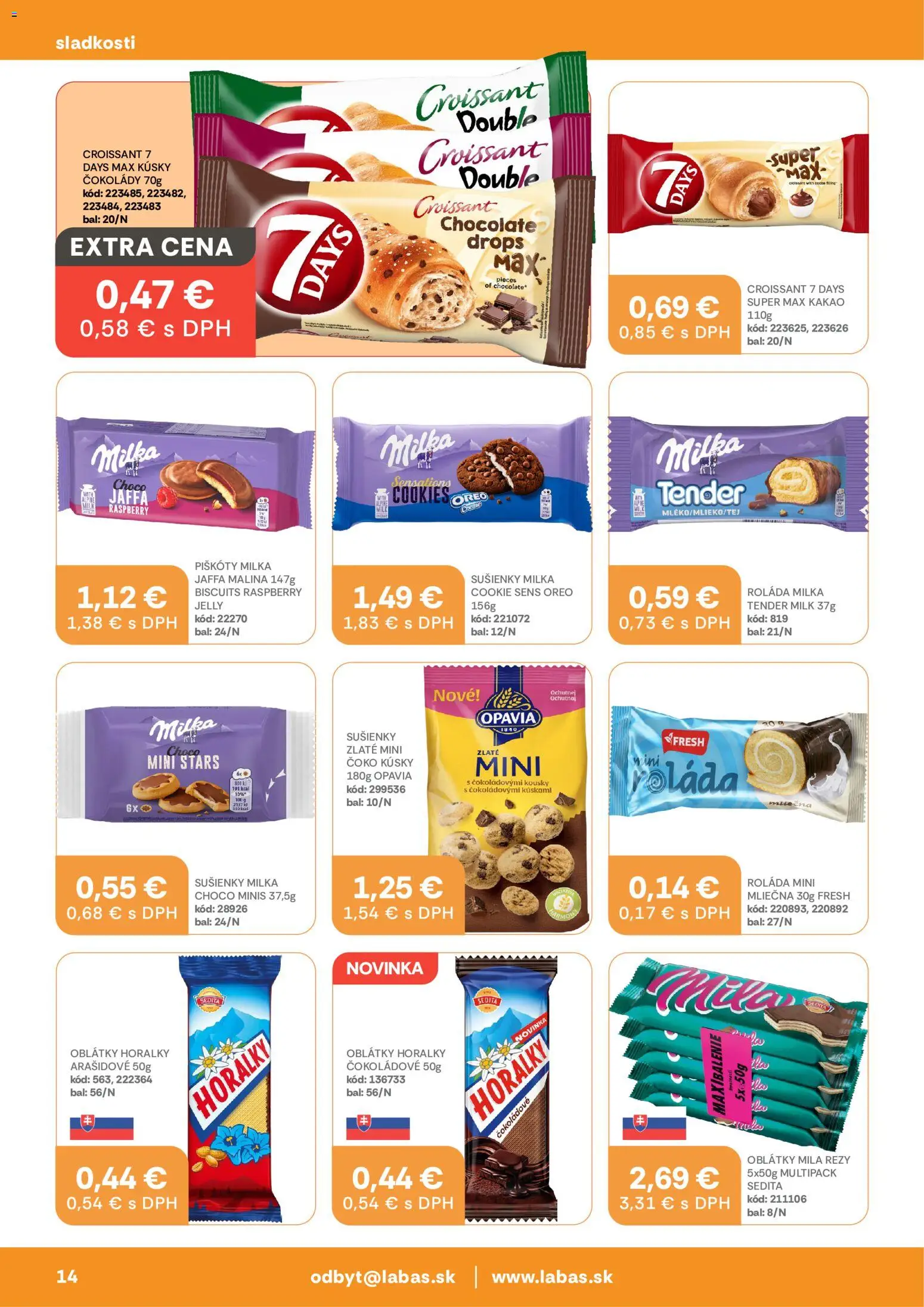 Nové Labaš akcie – leták je platný od 28.08.2026 | Strana: 14 | Produkty: Croissant, Sušienky, Oblátky, Mila