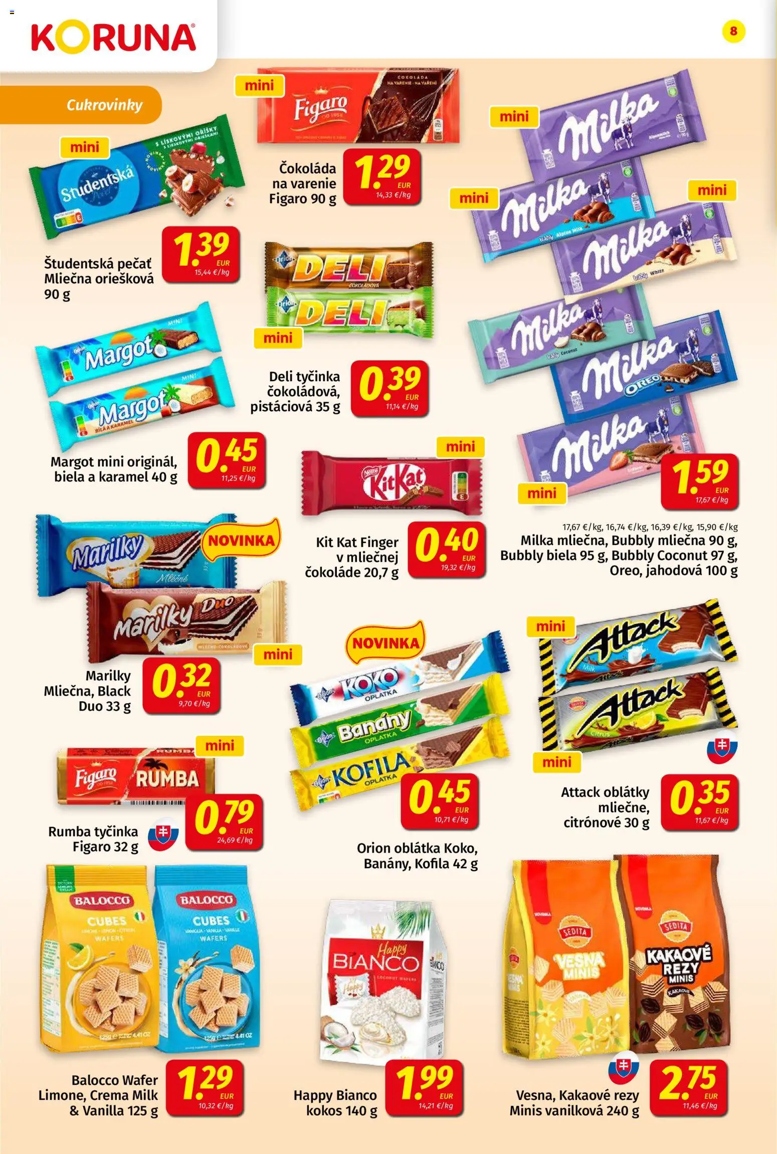 Nové Koruna akcie – leták je platný od 08.05.2026 | Strana: 8 | Produkty: Banány, Čokoláda, Študentská pečať, Milka