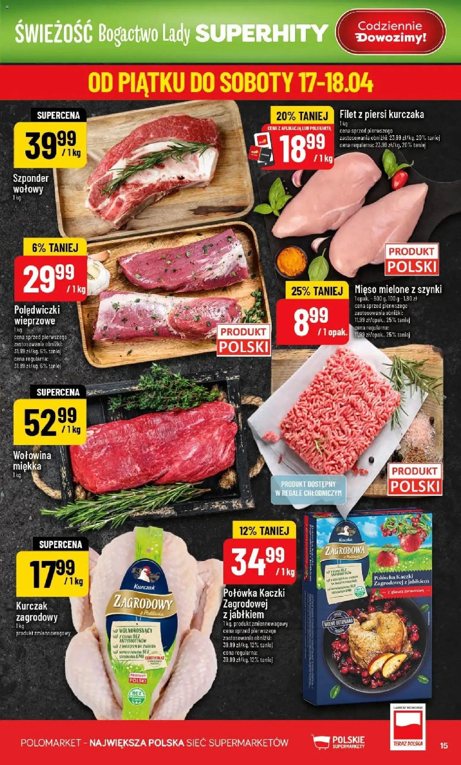 POLOmarket gazetka od 15.04.2026 | Strona: 15 | Produkty: Mięso mielone z szynki, Mięso, Kurczak zagrodowy, Filet z piersi kurczaka