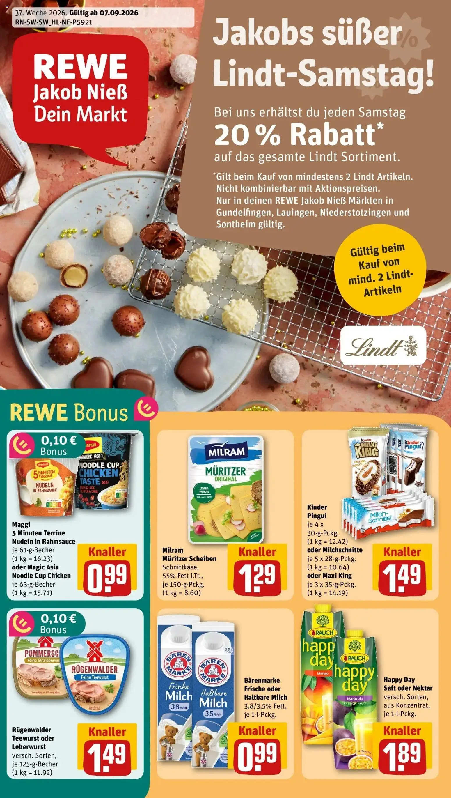 REWE Prospekt ab 07.09.2026 zum Blättern » Angebote | Seite: 1 | Produkte: Maggi, Haltbare milch, Saft, Nudeln