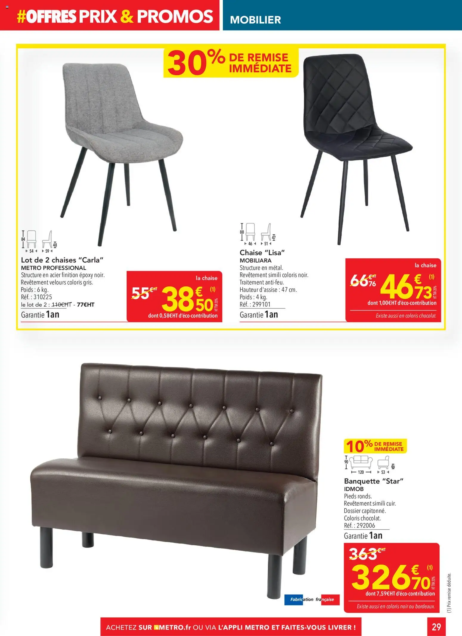 {H1} | Page: 29 | Produits: Banquette, Chaises, Chaise, Chocolat
