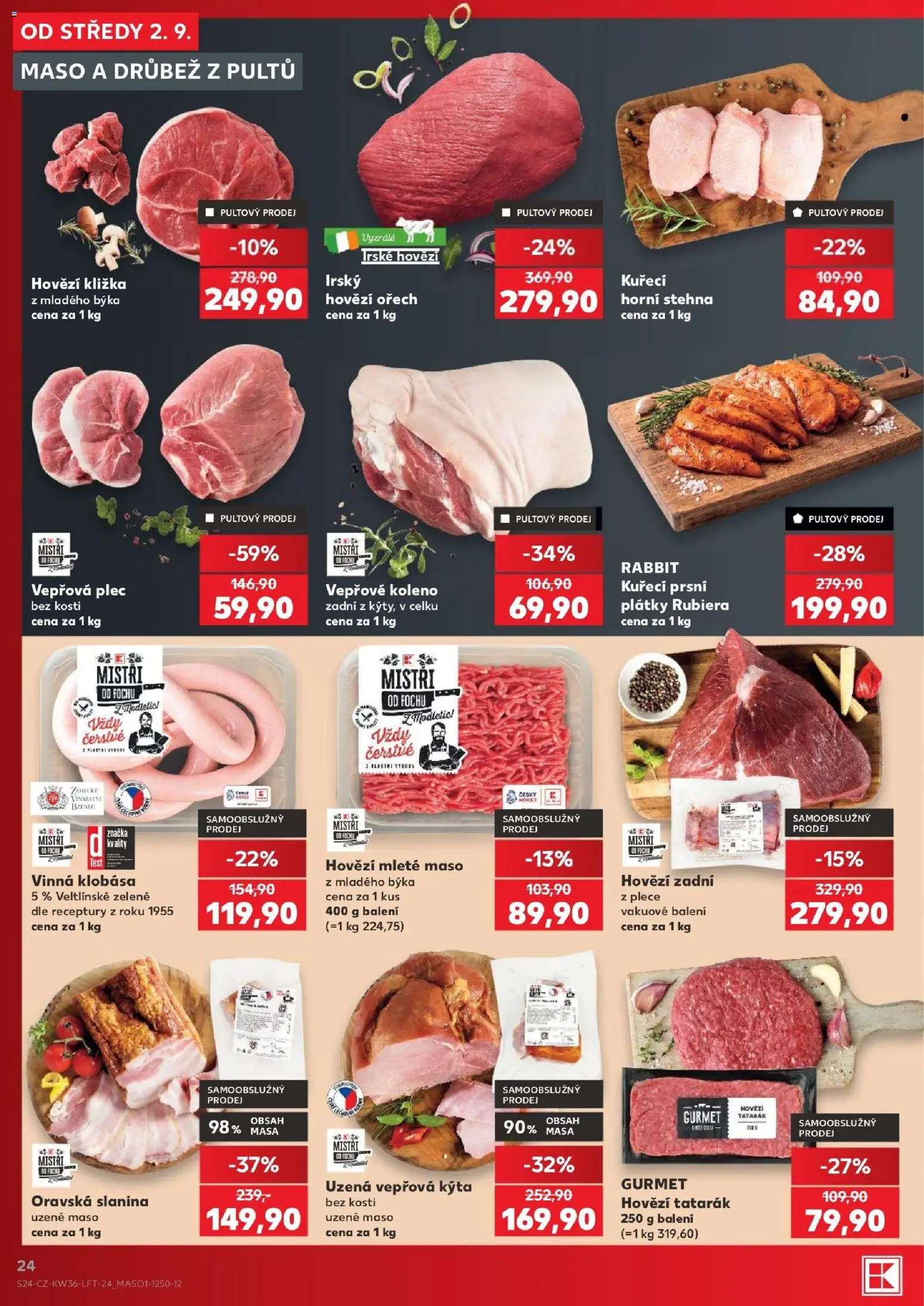 Kaufland leták - Kolín od 02.09.2026 | Strana: 24 | Produkty: Irské hovězí, Vinná klobása, Vepřové koleno zadní, Kýta bez kosti
