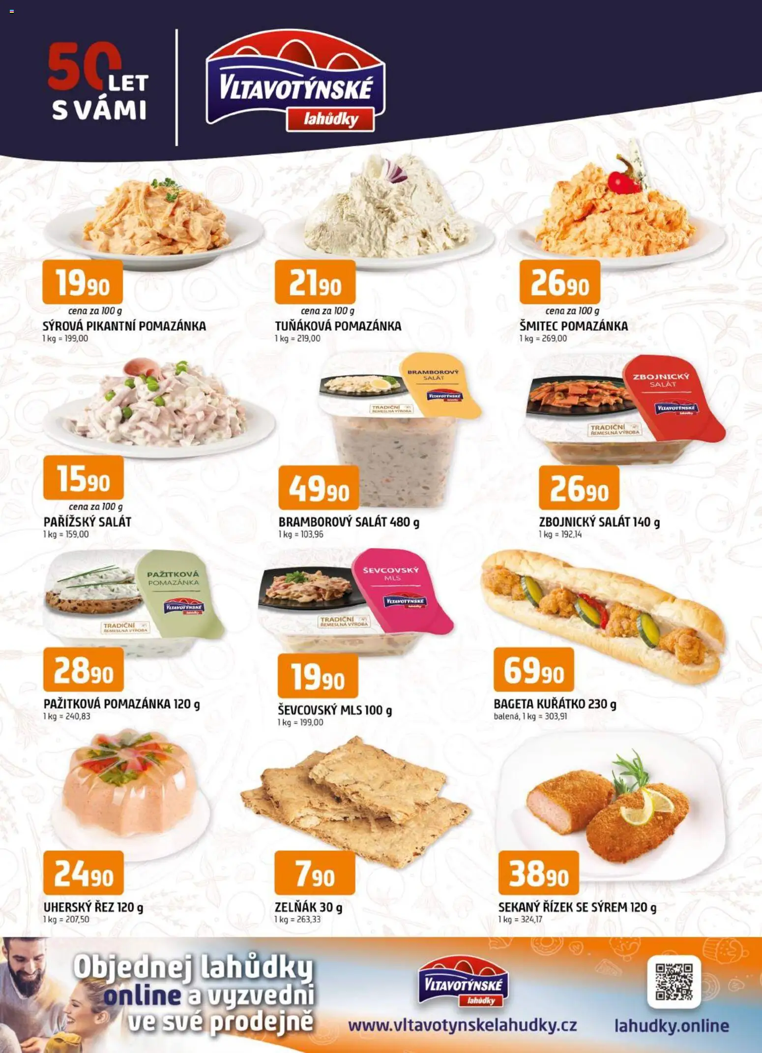Trefa leták - Vltavotýnské lahůdky od 03.06.2026 | Strana: 1 | Produkty: Bramborový salát, Tuňáková pomazánka, Pomazánka, Bageta