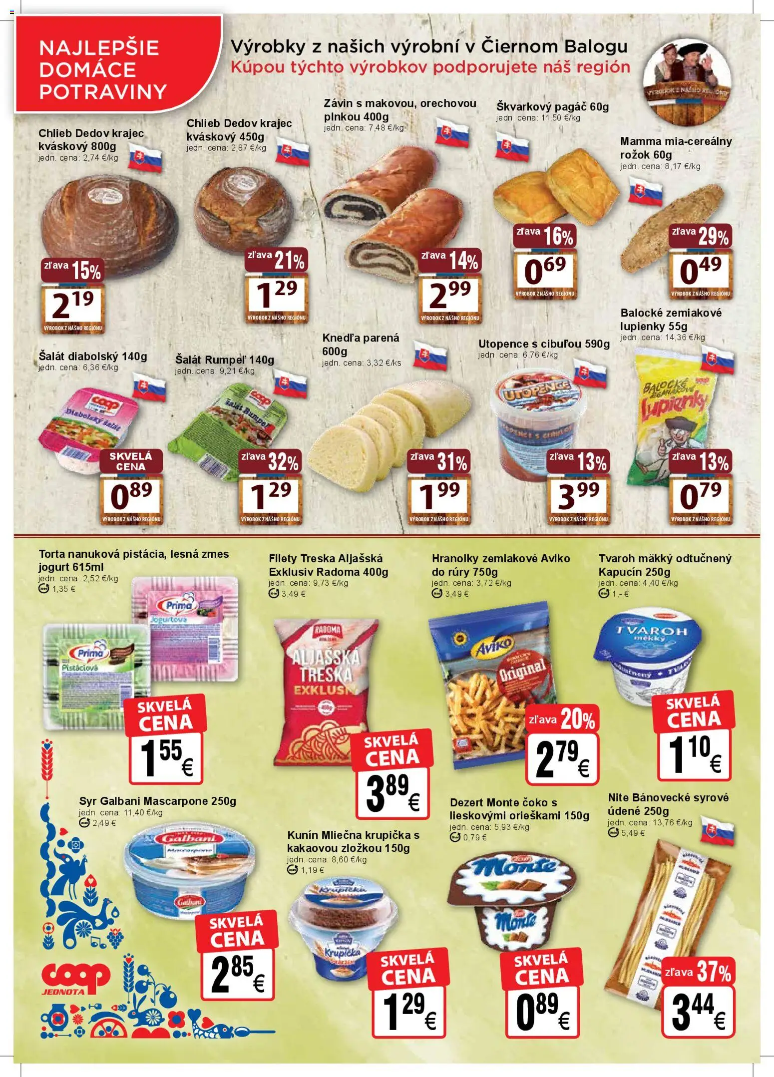 Nové COOP Jednota akcie – leták je platný od 01.04.2026 | Strana: 2 | Produkty: Rožok, Torta, Tvaroh, Šalát
