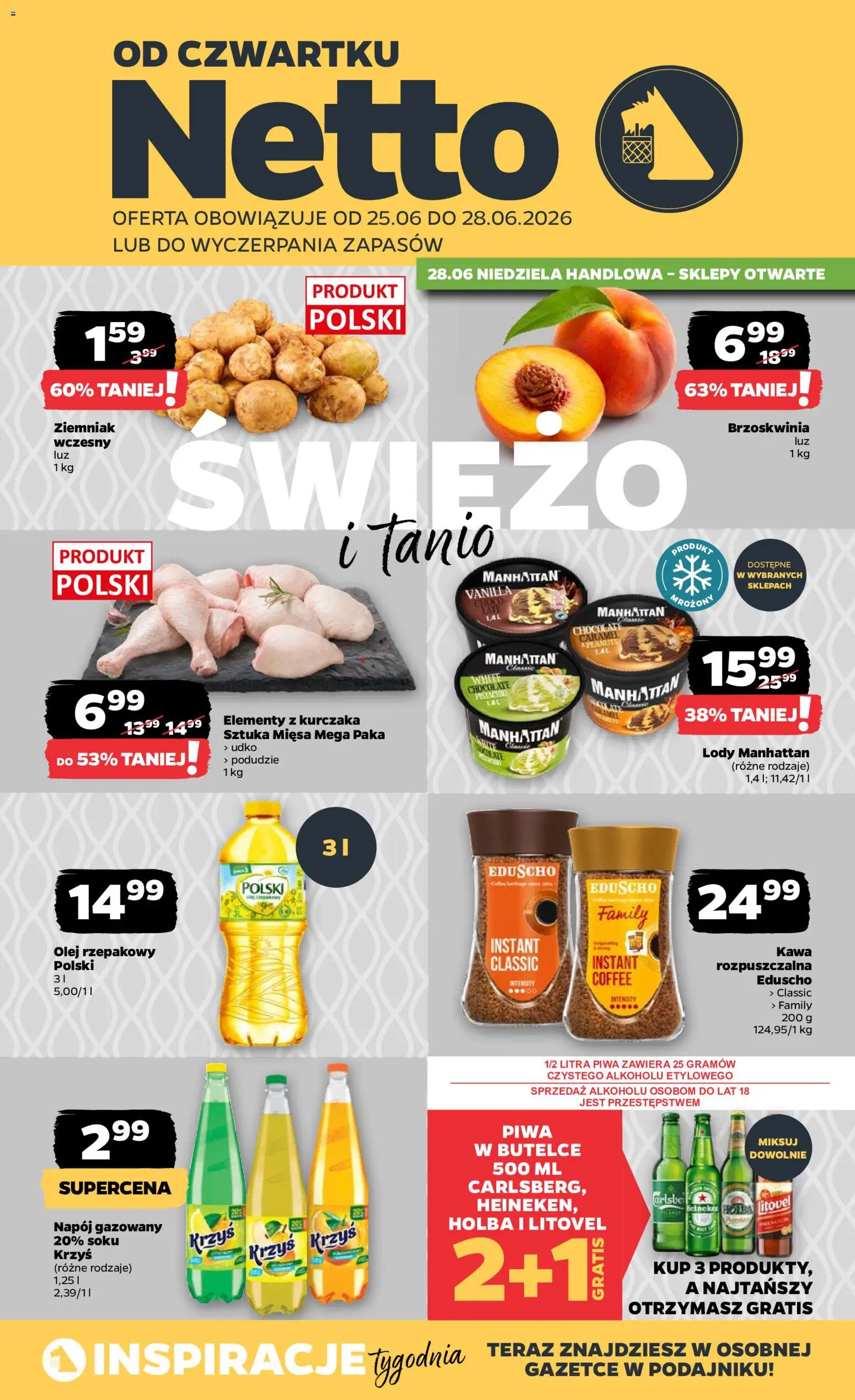 Netto gazetka od czwartku spożywcza od 25.06.2026 | Strona: 1 | Produkty: Kawa rozpuszczalna, Olej, Kawa, Lody