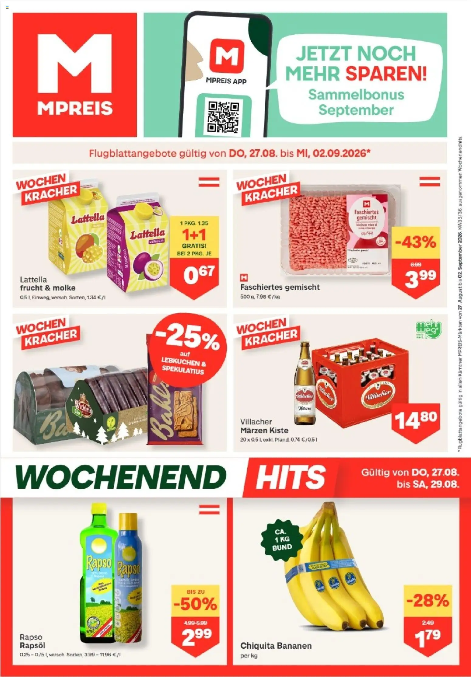 MPREIS Dellach im Drautal gültig ab 27.08.2026 | Seite: 1 | Produkte: Mango, Rapsöl, Bananen, Lebkuchen