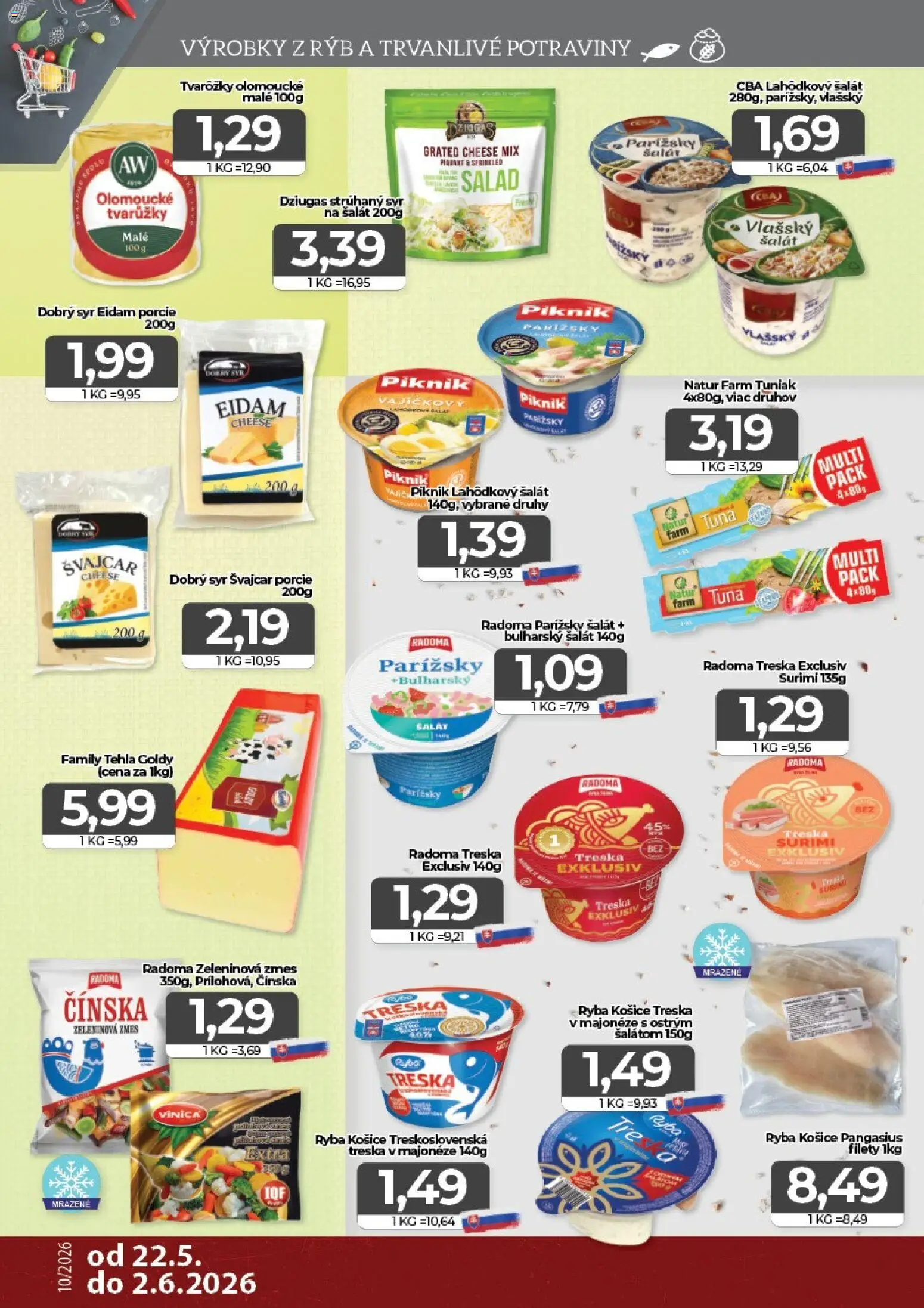 Nové CBA Komfos akcie – leták je platný od 22.05.2026 | Strana: 6 | Produkty: Tuniak, Eidam, Šalát, Treska
