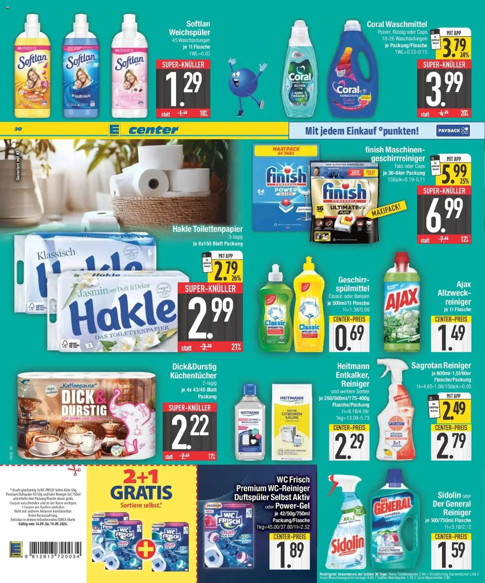 E center Prospekt München (ab 14.09.2026) zum Blättern | Seite: 20 | Produkte: Coral waschmittel, Finish, Waschmittel, Toilettenpapier