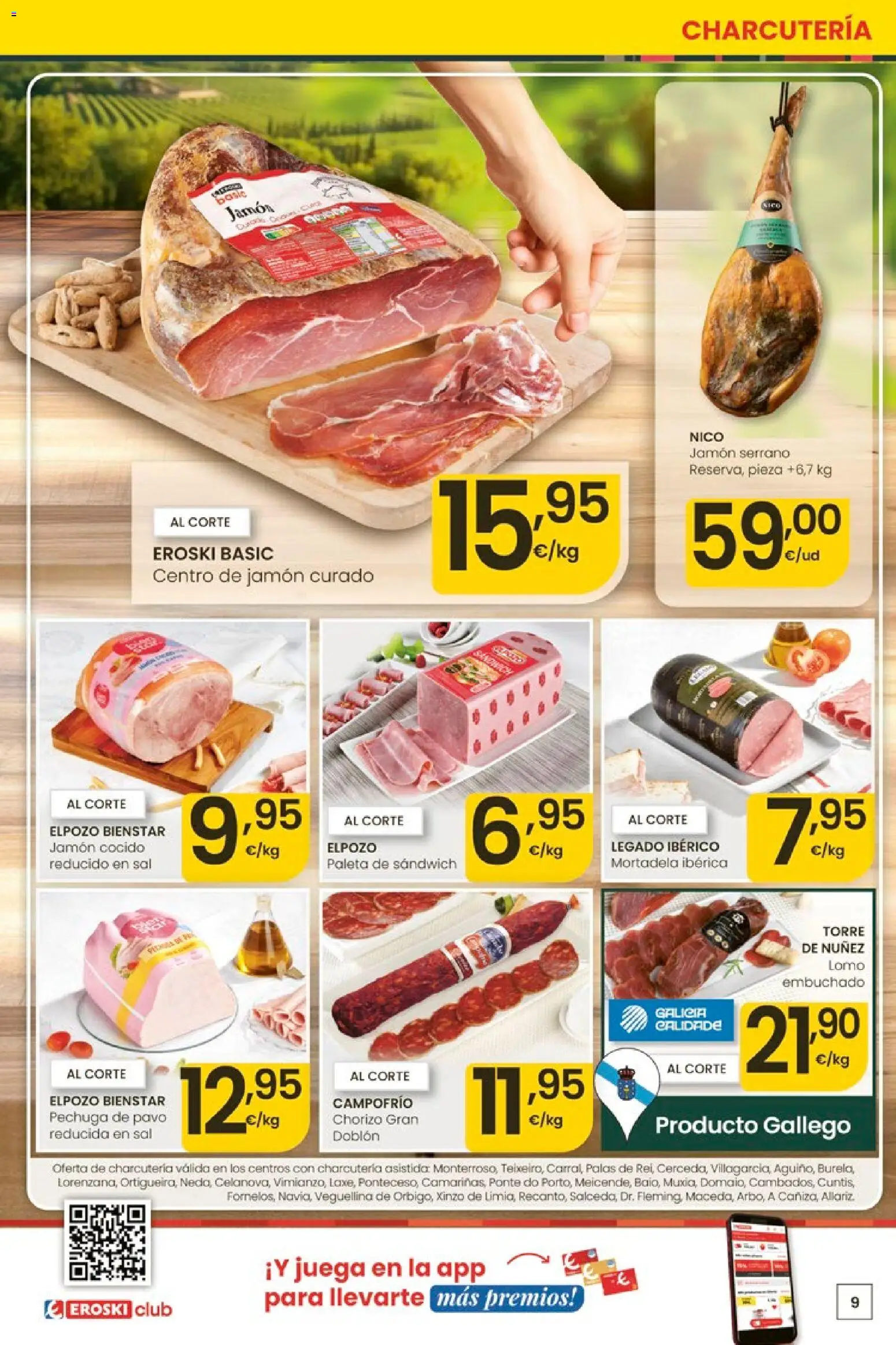 Eroski Ofertones de verano │ válido desde el 11.06.2026 | Página: 9 | Productos: Jamón serrano, Jamón cocido, Juega, Mortadela