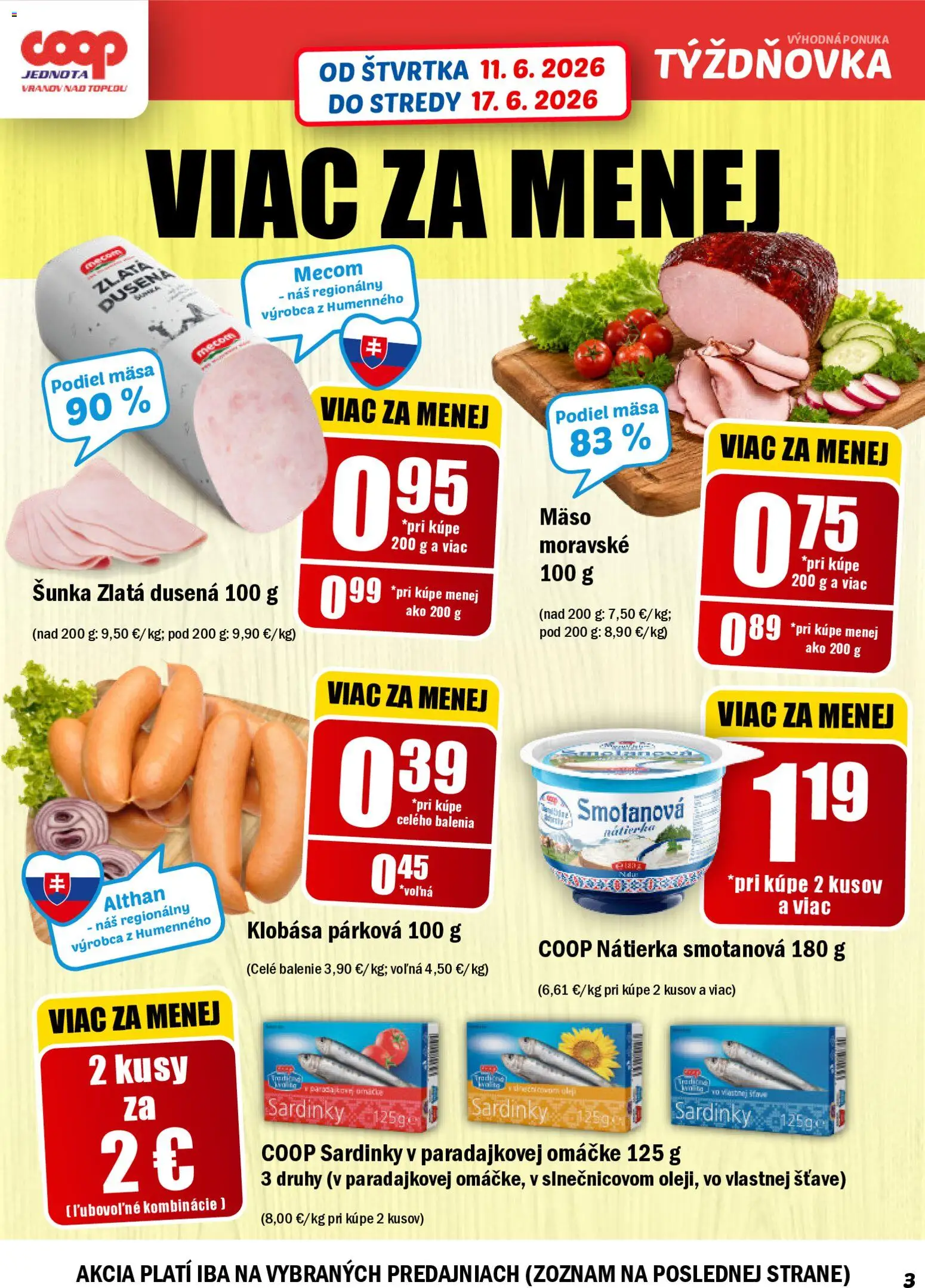 Nové COOP Jednota akcie – leták je platný od 11.06.2026 | Strana: 3 | Produkty: Sardinky, Šunka, Klobása