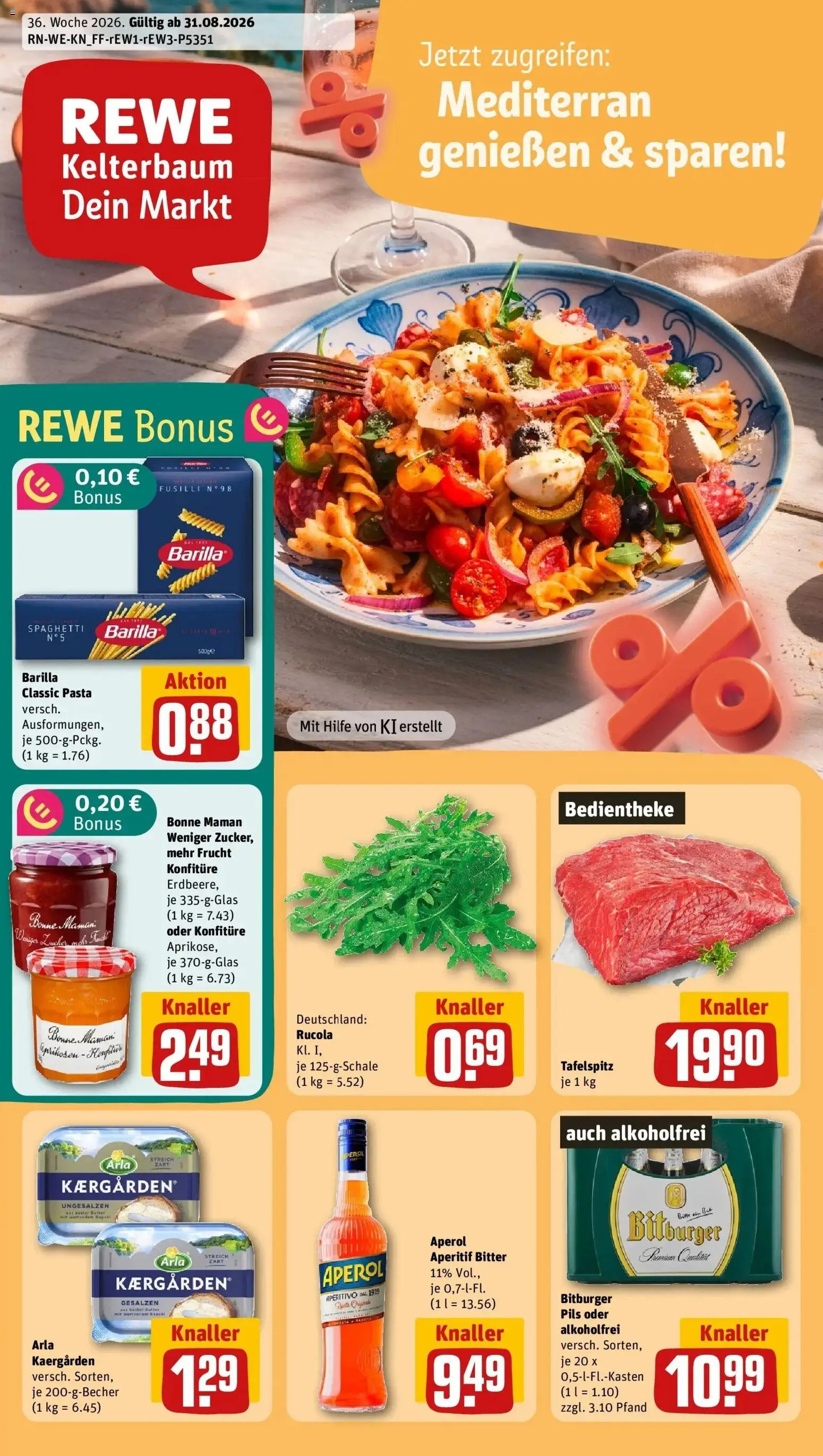 REWE Prospekt ab 31.08.2026 zum Blättern » Angebote | Seite: 1 | Produkte: Barilla, Rucola, Aperol, Bonne maman