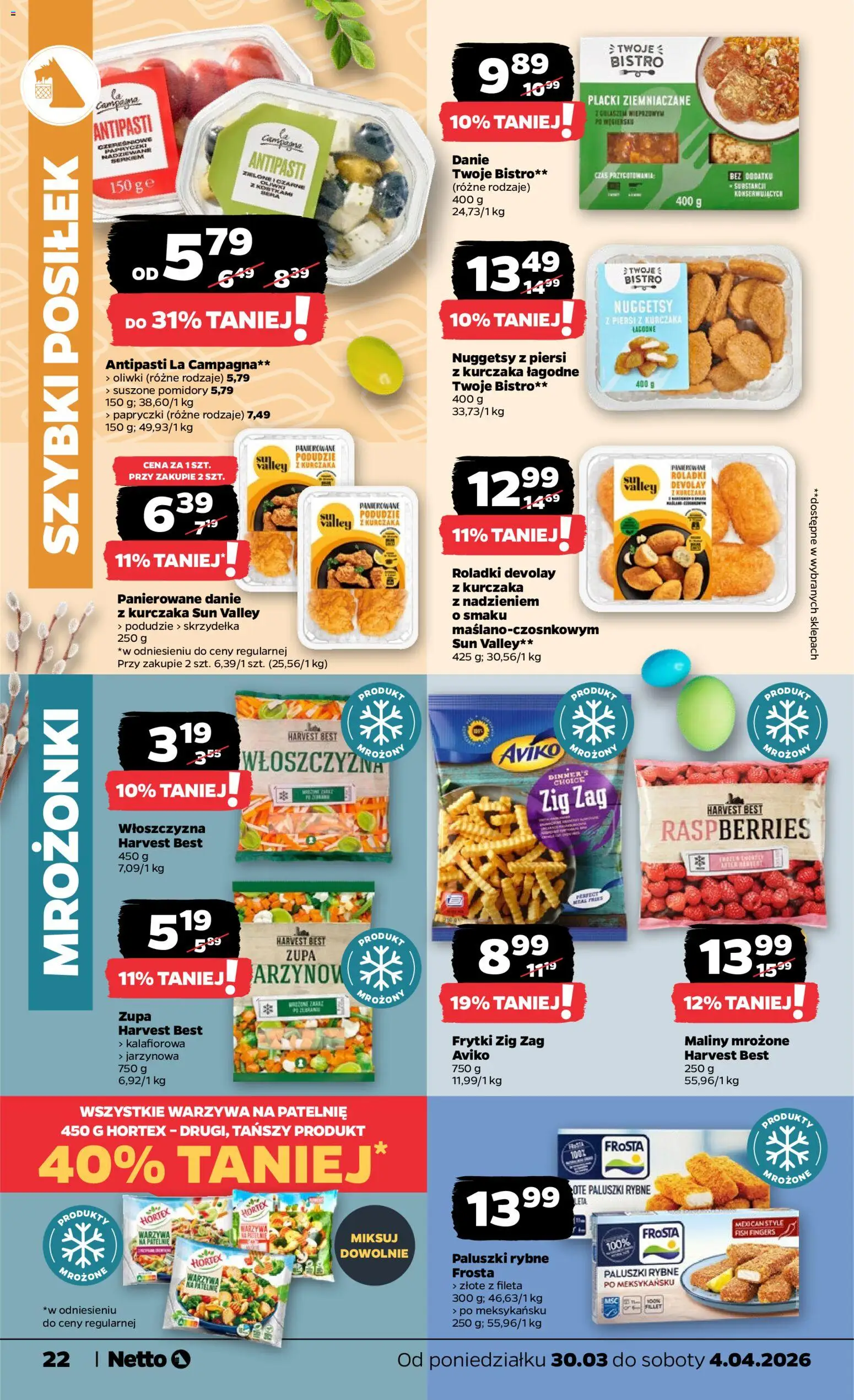 Netto gazetka od poniedziałku spożywcza od 30.03.2026 | Strona: 22 | Produkty: Podudzie z kurczaka, Paluszki, Pomidory, Warzywa