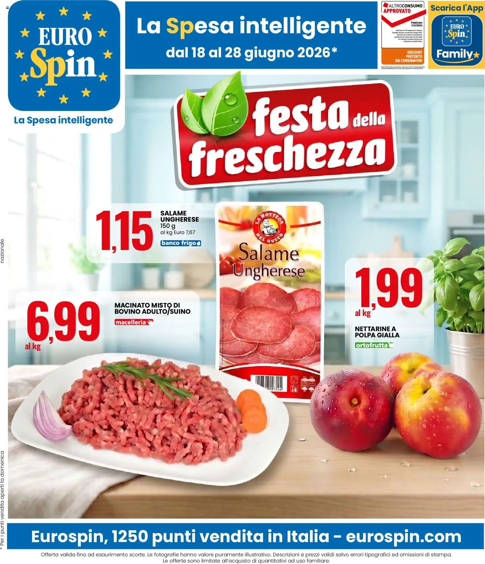 Volantino Eurospin del 18.06.2026 | Pagina: 1 | Prodotti: Bovino, Salame, Suino, Macinato