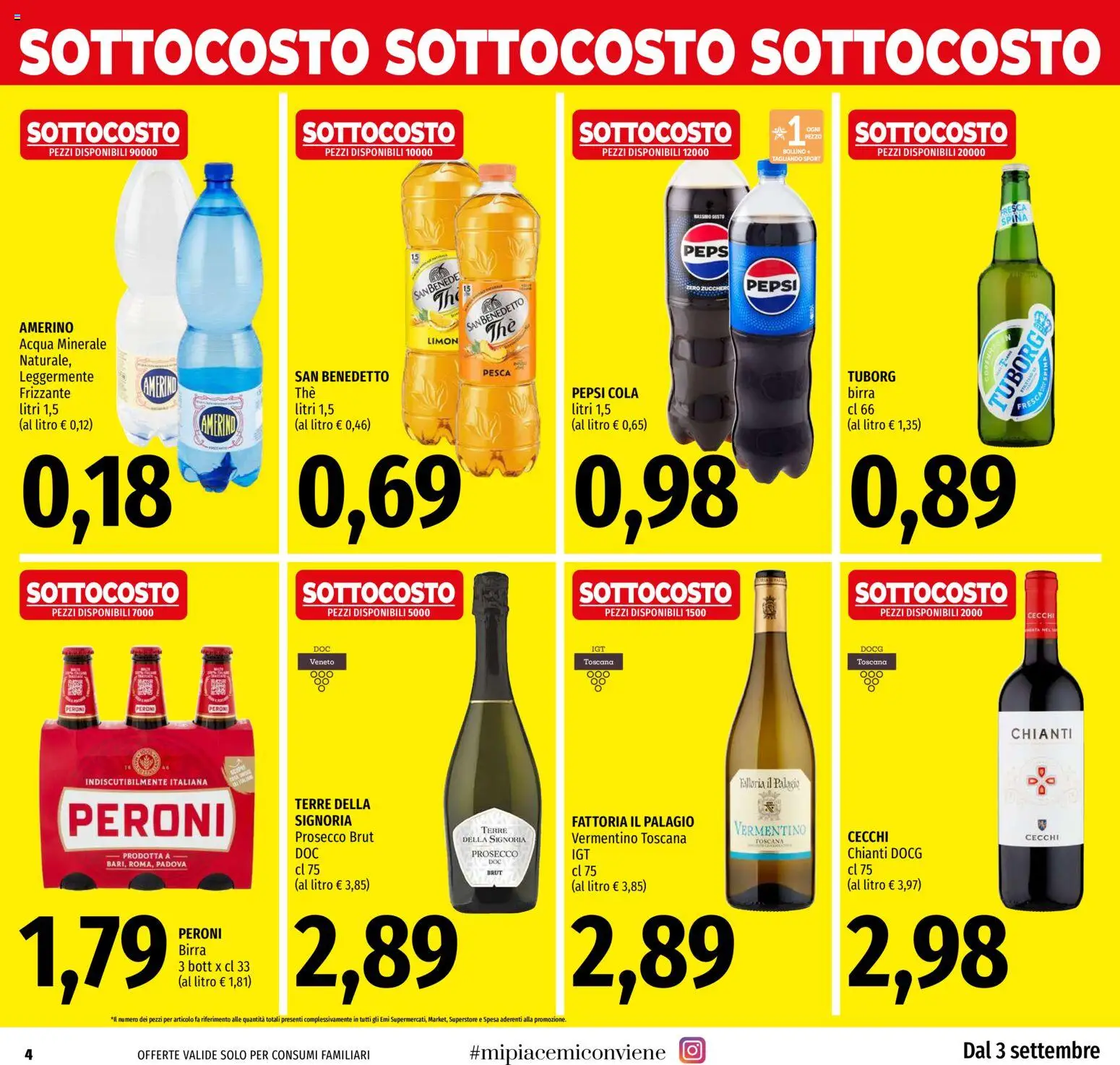 Volantino EMI del 03/09/2026 | Pagina: 4 | Prodotti: Prosecco, Zucchero, Pesca, Acqua minerale