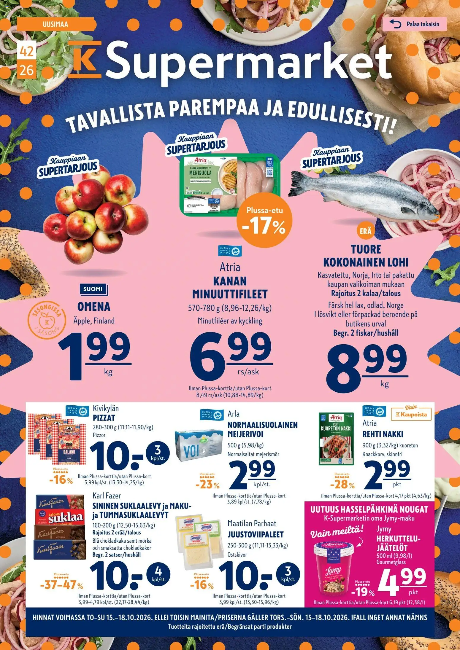 K-Supermarket tarjoukset – voimassa 15/10/2026 alkaen | Sivu: 1 | Tuotteet: Lohi, Juusto, Suklaa, Salami