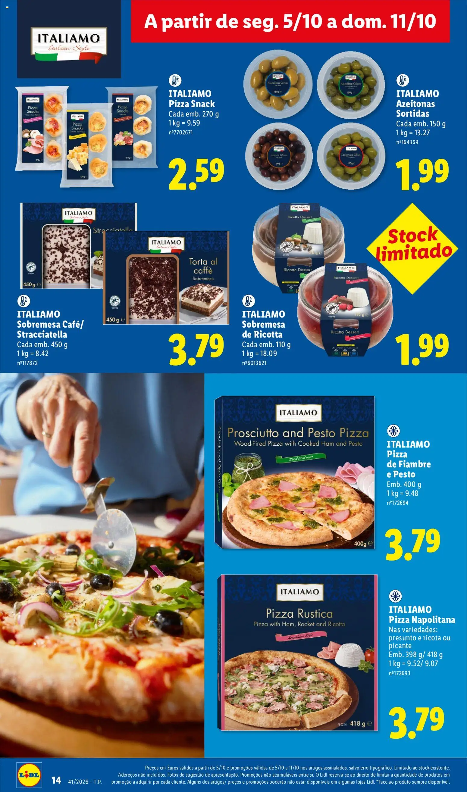 Lidl folheto │ válido de 05/10/2026 | Página: 14 | Produtos: Azeitonas, Fiambre, Presunto, Pizza