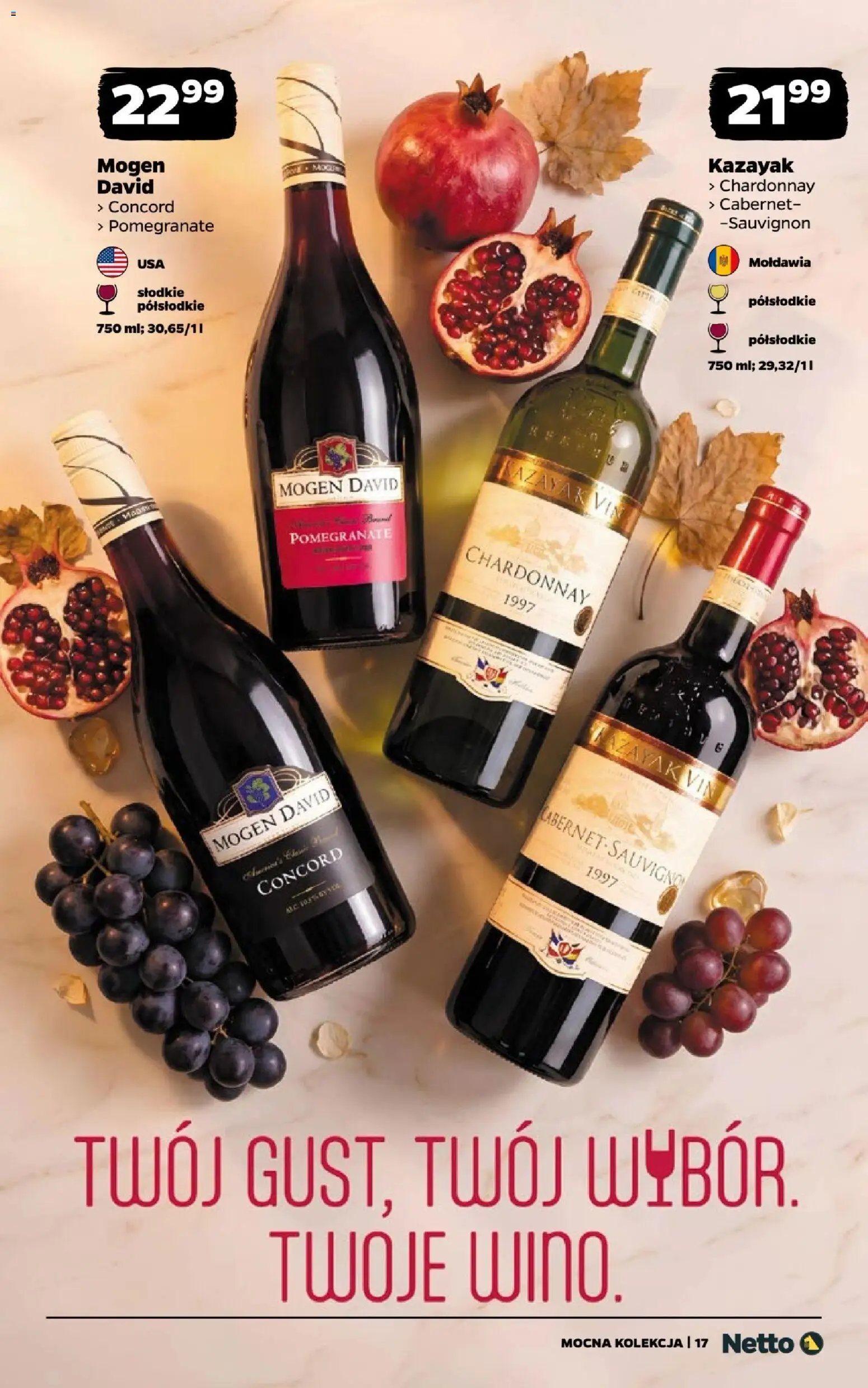 Netto gazetka - Wina od 31.08.2026 | Strona: 17 | Produkty: Mogen david pomegranate, Chardonnay, Mogen david concord