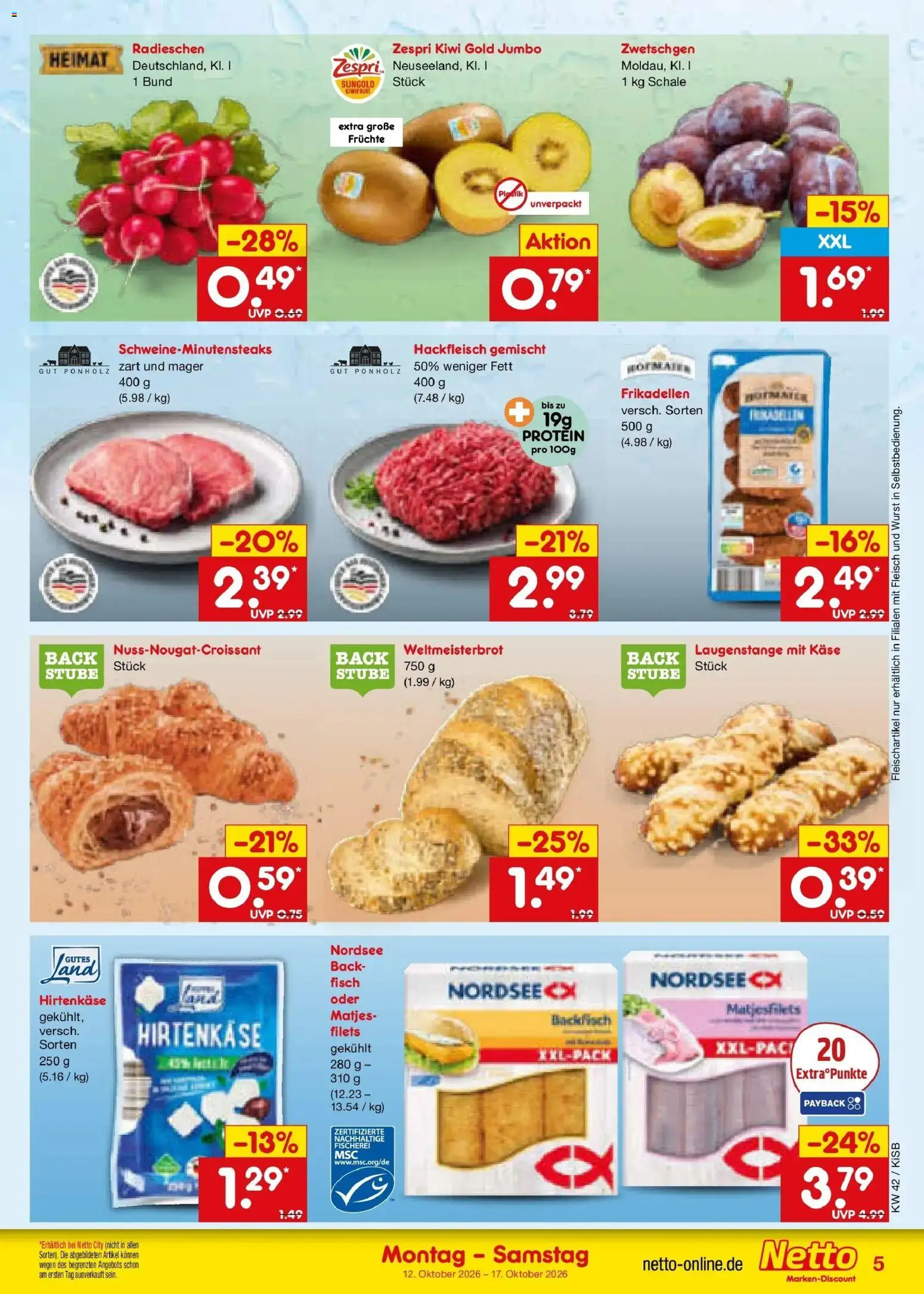 Netto Marken-Discount Prospekt Nürnberg (ab 12.10.2026) » Angebote | Seite: 5 | Produkte: Zwetschgen, Kiwi, Fleisch, Hackfleisch