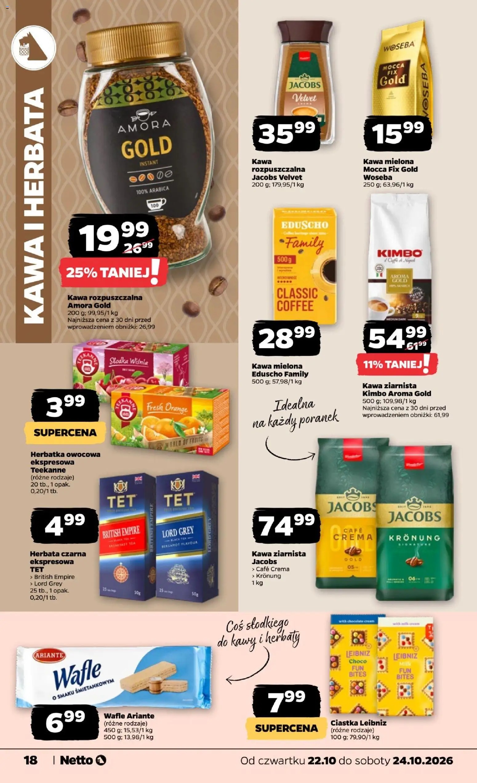 Netto gazetka od czwartku od 22.10.2026 | Strona: 18 | Produkty: Wafle, Jacobs, Kawa rozpuszczalna, Jacobs gold
