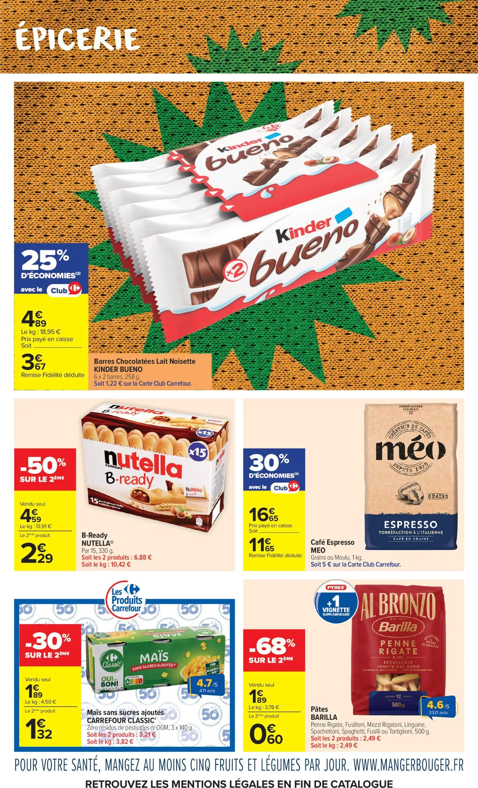 {H1} | Page: 9 | Produits: Kinder Bueno, Lait, Café, Pâtes