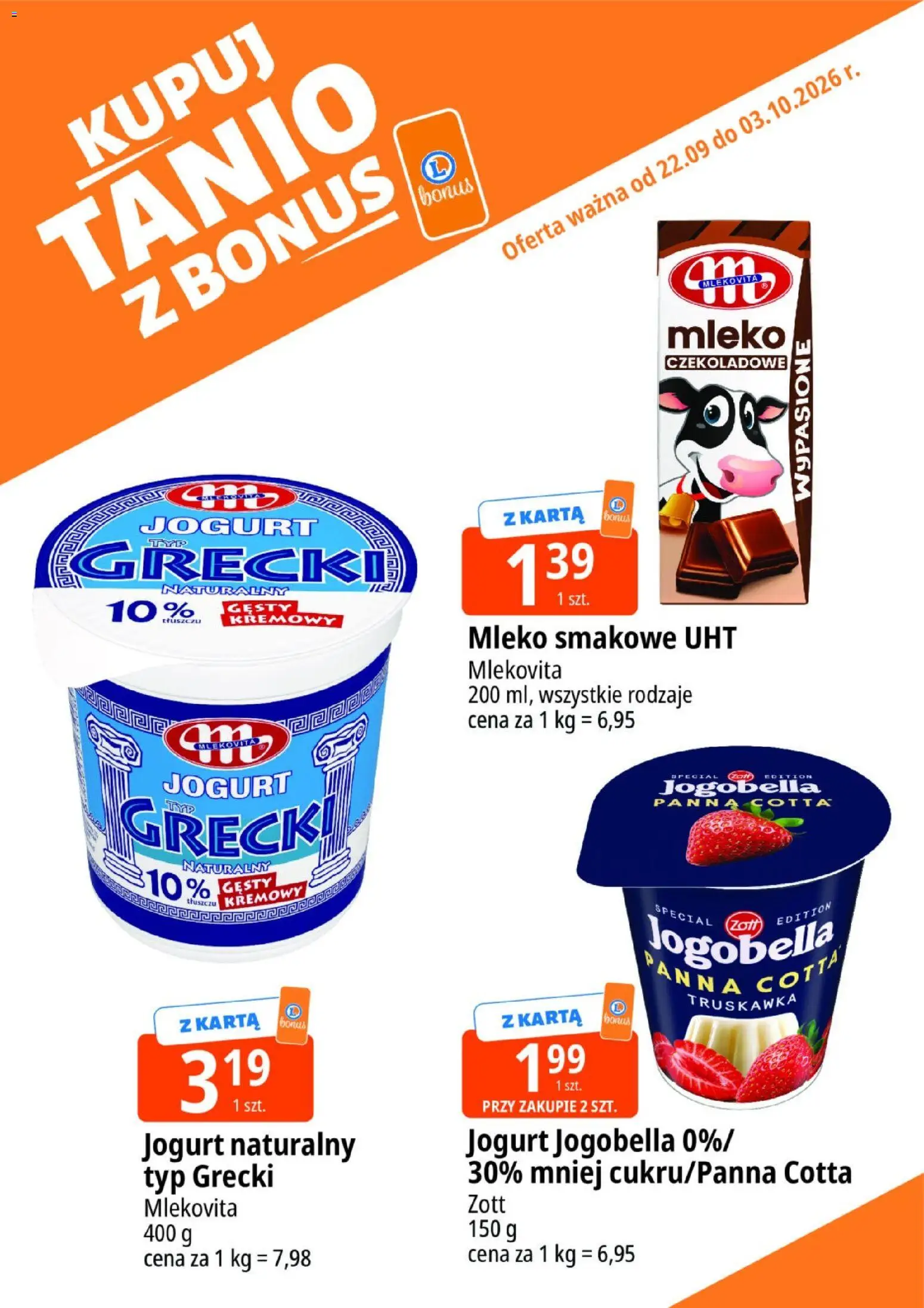 E.Leclerc gazetka - Kupuj Tanio Z Bonus od 22.09.2026 | Strona: 15 | Produkty: Karta, Jogurt naturalny, Mleko czekoladowe, Mleko