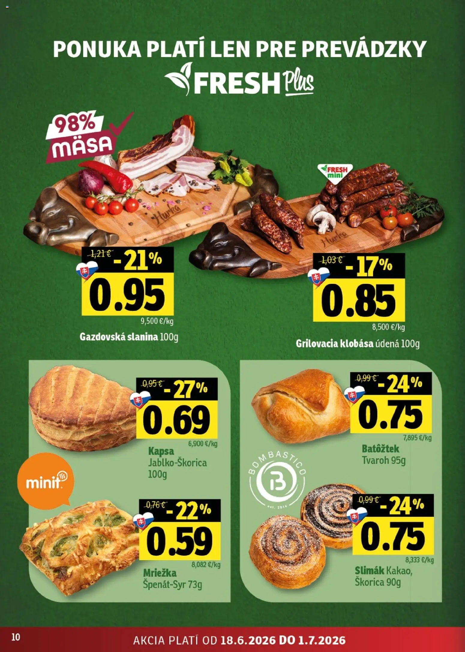 Nové Fresh akcie – leták je platný od 18.06.2026 | Strana: 10 | Produkty: Slanina, Klobása, Tvaroh
