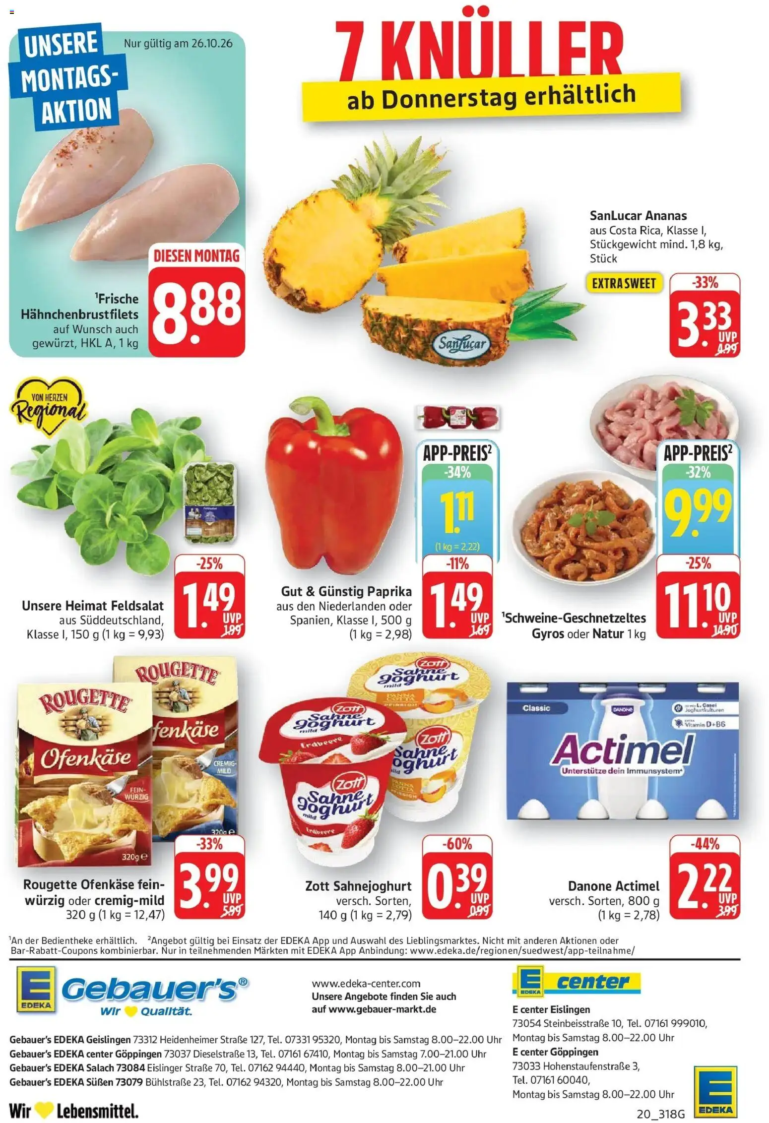 E center Prospekt Eislingen (ab 26.10.2026) zum Blättern | Seite: 20 | Produkte: Actimel, Rougette ofenkase, Sahne, Uhr