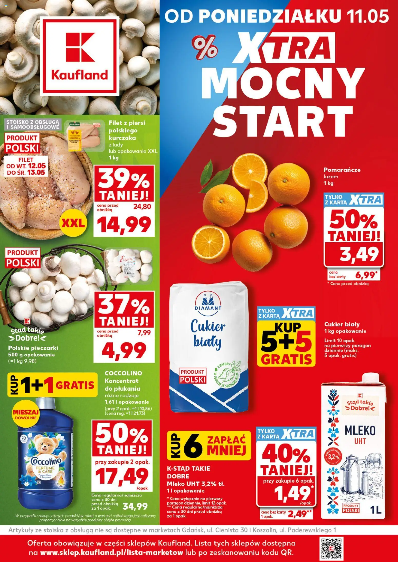 Kaufland Polsko leták - Mocny start od 11.05.2026 | Strana: 1 | Produkty: Mléko, Coccolino, Filet, Karty