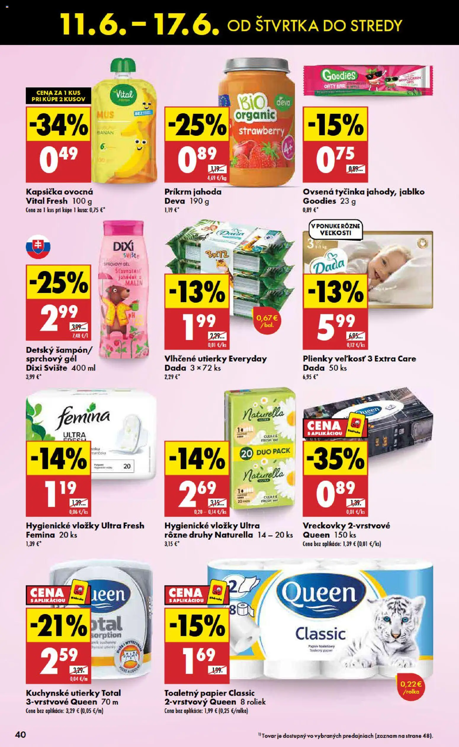Nové Biedronka akcie – leták je platný od 11.06.2026 | Strana: 40 | Produkty: Toaletný papier, Sprchový gél, Plienky