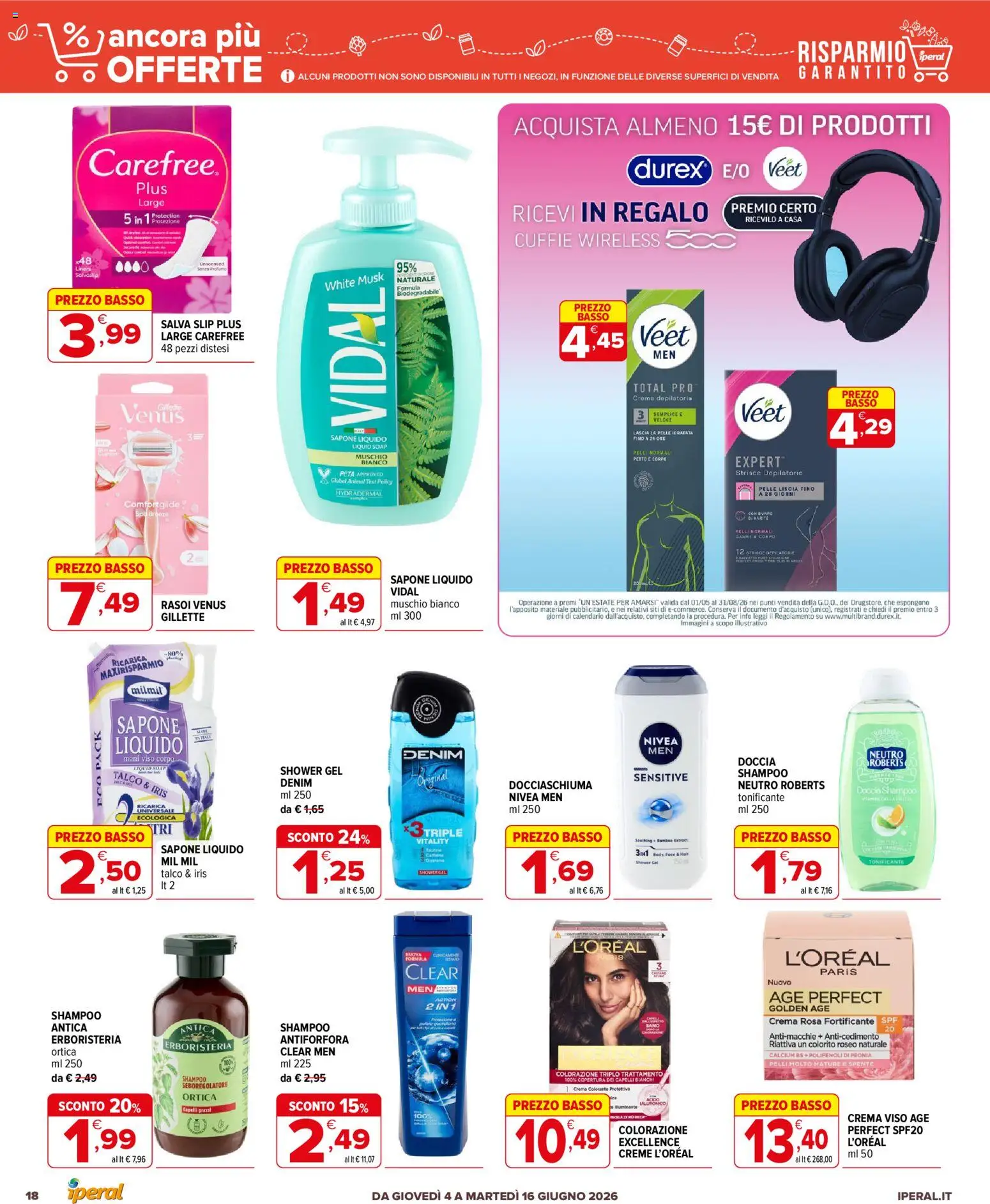 Volantino Iperal del 04.06.2026 | Pagina: 18 | Prodotti: Shampoo, Sapone, Crema depilatoria, Cuffie