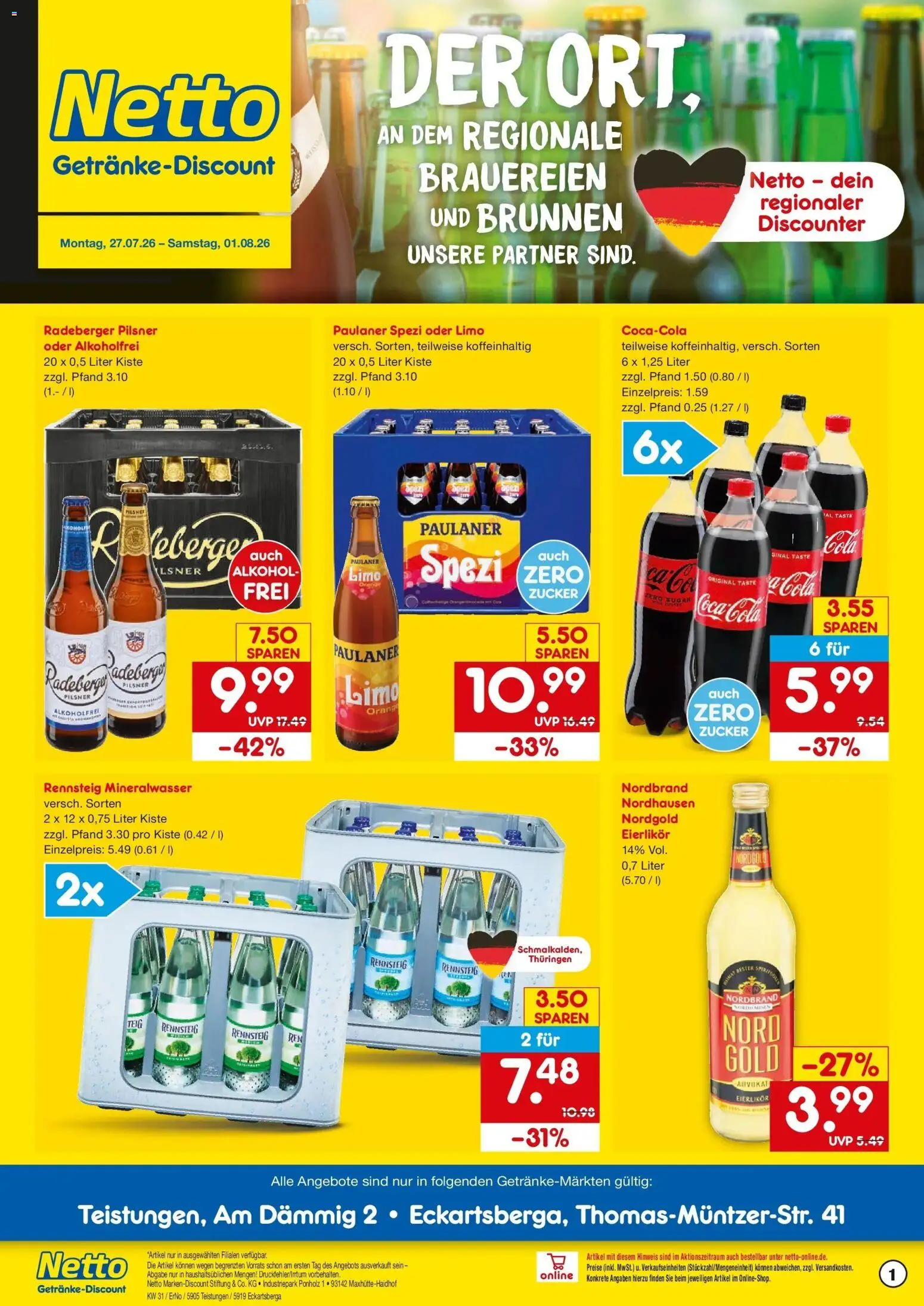 Netto Marken-Discount Prospekt Teistungen – gültig ab 27.07.2026 | Seite: 1 | Produkte: Coca cola, Cola, Zucker, Paulaner
