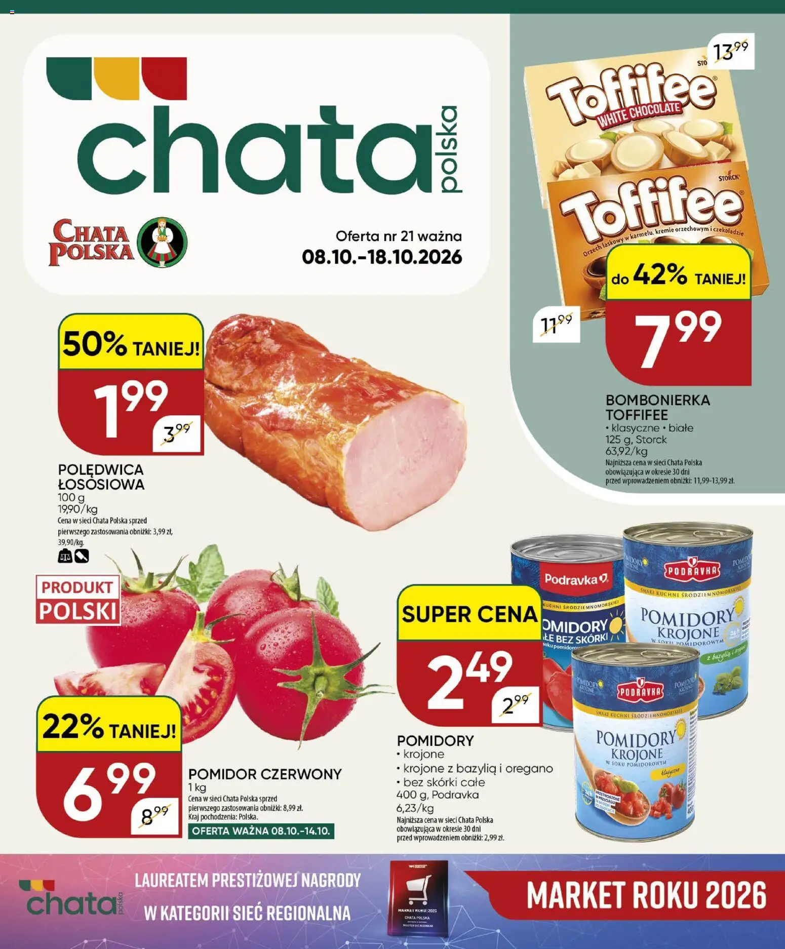 Chata Polska gazetka od 08.10.2026 | Strona: 1 | Produkty: Bombonierka, Toffifee, Pomidor, Bazylia