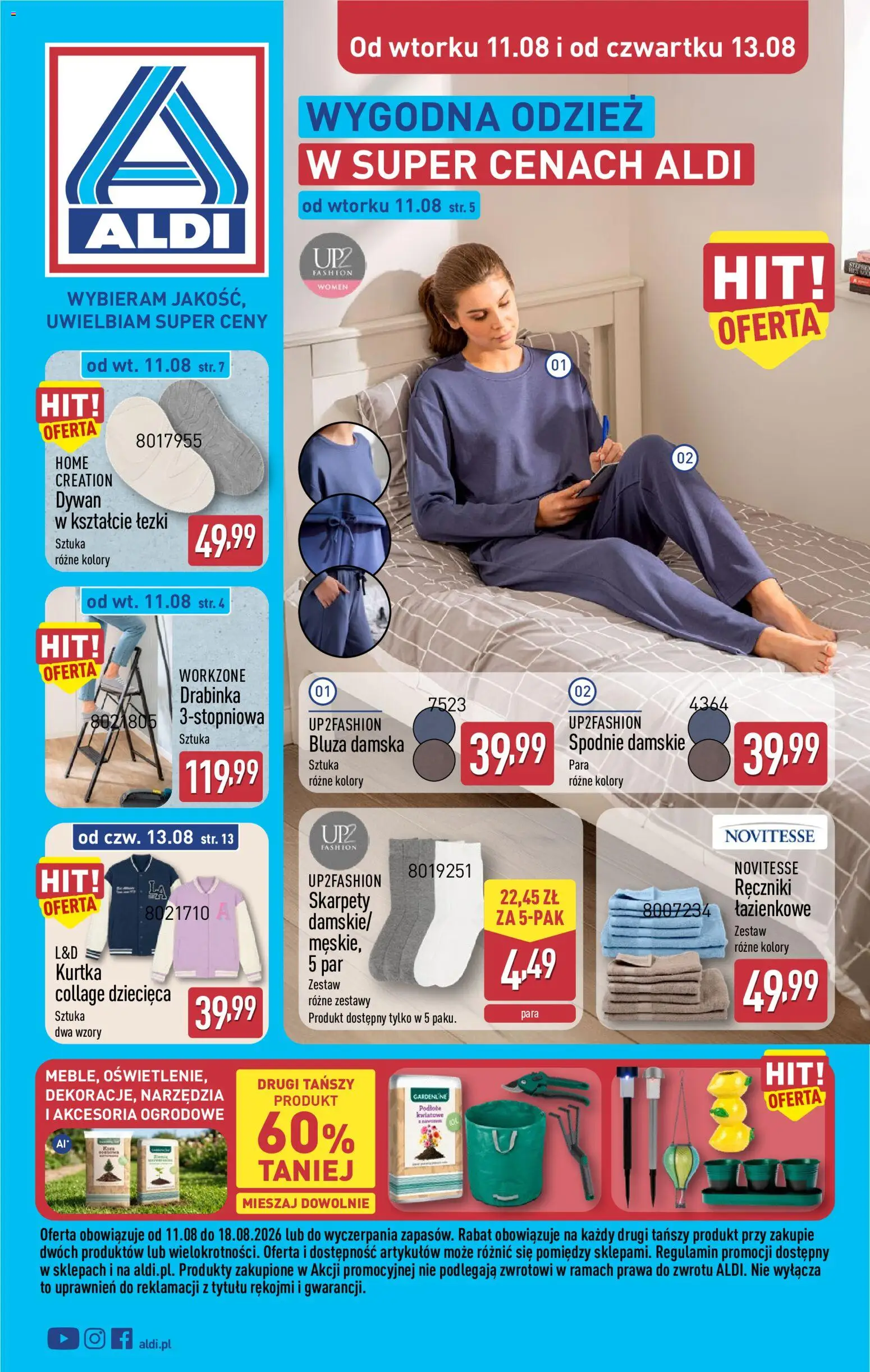 Aldi gazetka - Artykuły przemysłowe i tekstylia od 11.08.2026 | Strona: 1 | Produkty: Kurtka, Spodnie, Skarpety, Dywan