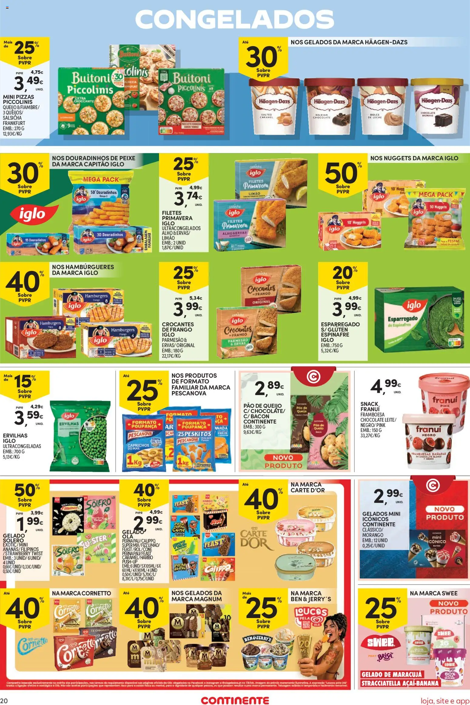 Continente Semanal Continente Bom Dia │ válido de 04/08/2026 | Página: 20 | Produtos: Gelado, Pão, Chocolate, Peixe