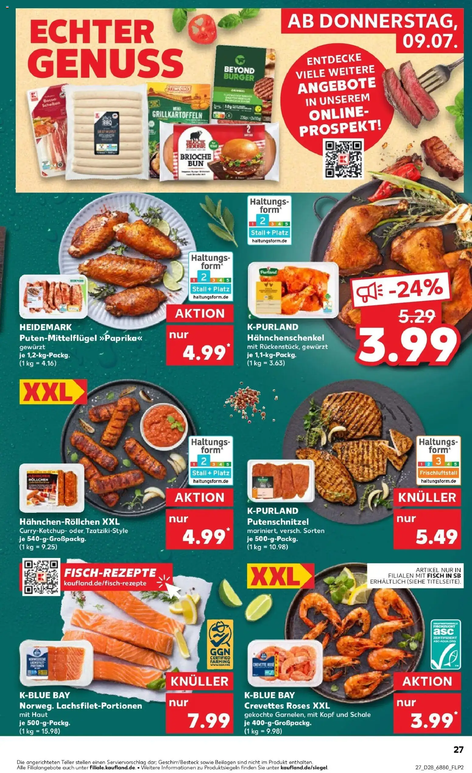 Kaufland Prospekt Pfullingen – gültig ab 09.07.2026 | Seite: 27 | Produkte: Hahnchenschenkel, Burger, Fisch, Putenschnitzel