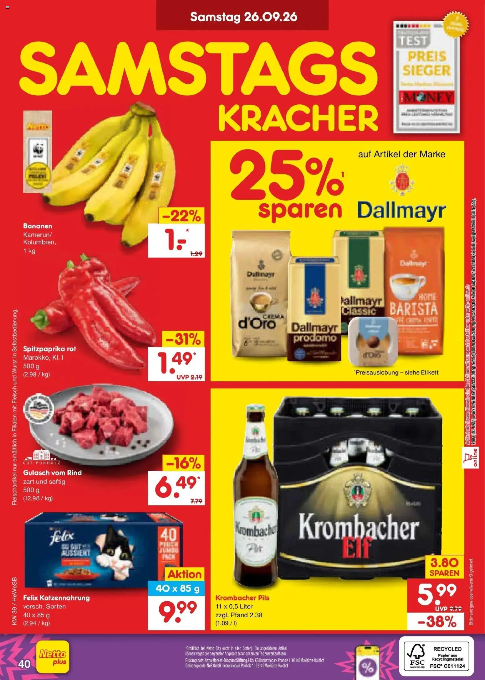 Netto Marken-Discount Prospekt Hamburg – gültig ab 21.09.2026 | Seite: 56 | Produkte: Bananen, Dallmayr, Gulasch, Fleisch