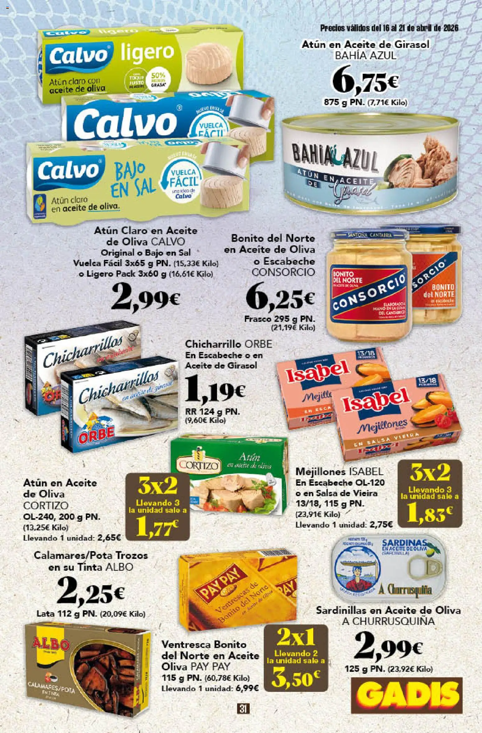 Gadis folleto │ válido desde el 16.04.2026 | Página: 31 | Productos: Sardinillas, Aceite, Aceite de oliva, Atún claro