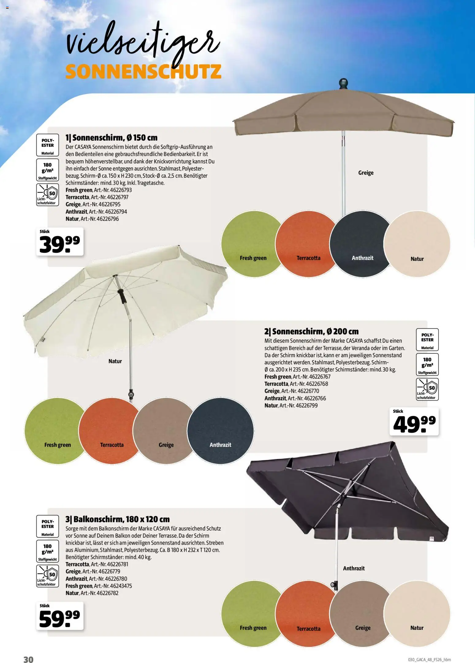 Hagebau Gartenmöbelsortiment – gültig ab 02.03.2026 | Seite: 30 | Produkte: Schirmständer, Sonnenschirm