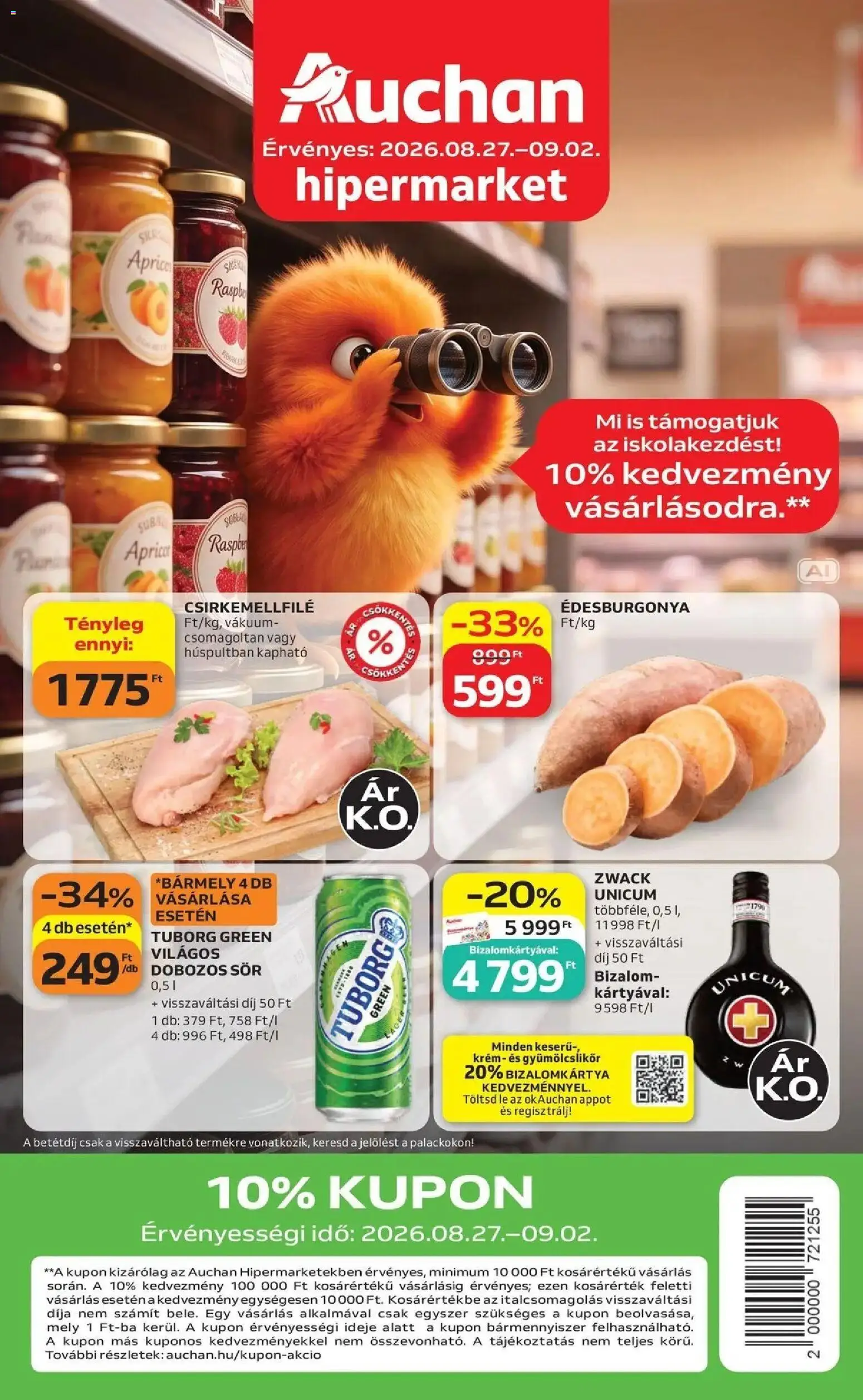 Auchan akciós újság Szolnok - 2026.08.27. -tól/töl > akció, lapozható szórólap 🛍️ | Oldal: 1 | Termékek: Unicum, Lé, Tuborg, Sör
