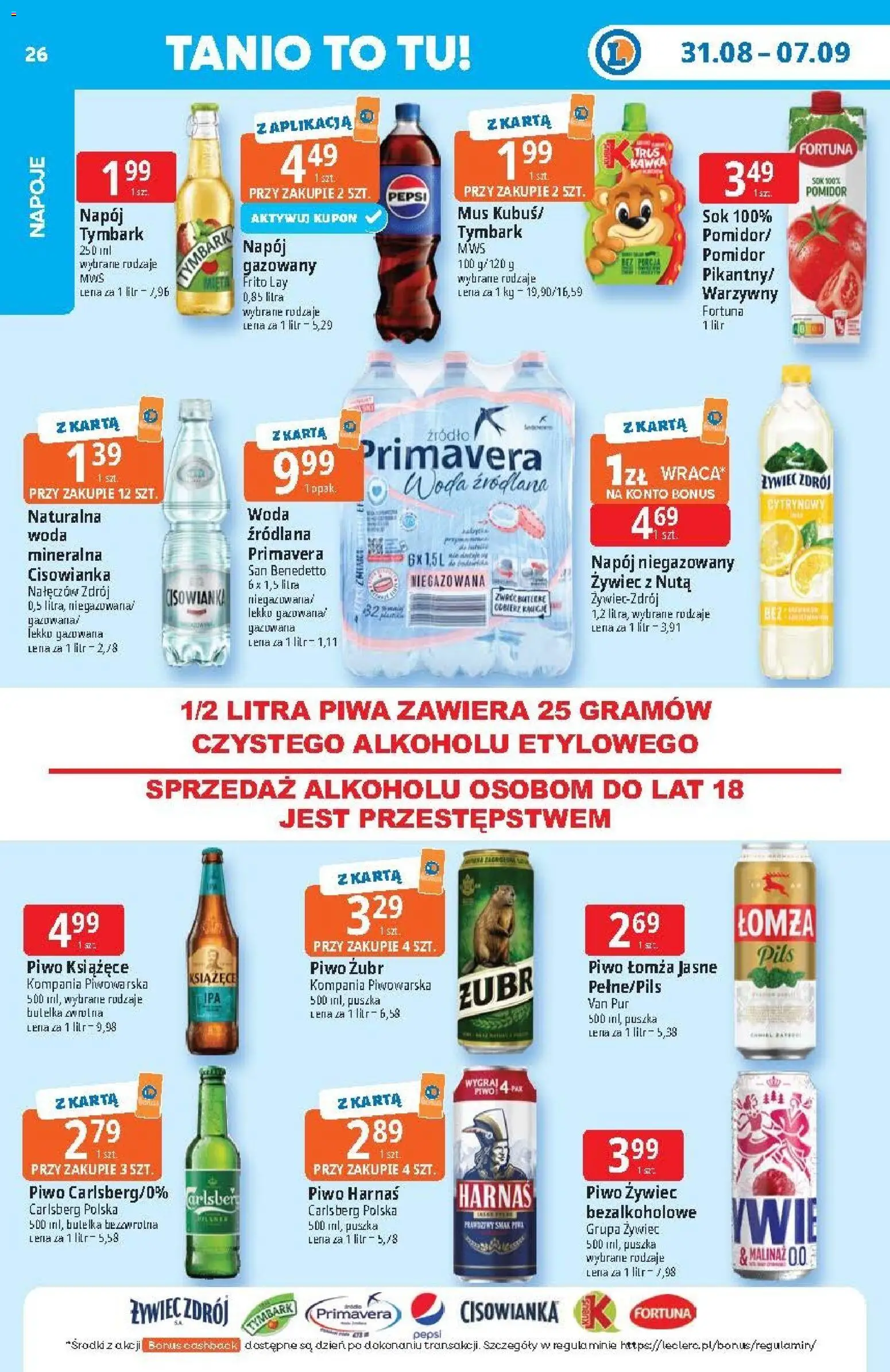 E.Leclerc gazetka od 31.08.2026 | Strona: 26 | Produkty: Woda źródlana, Pepsi, Piwo książęce, Harnaś