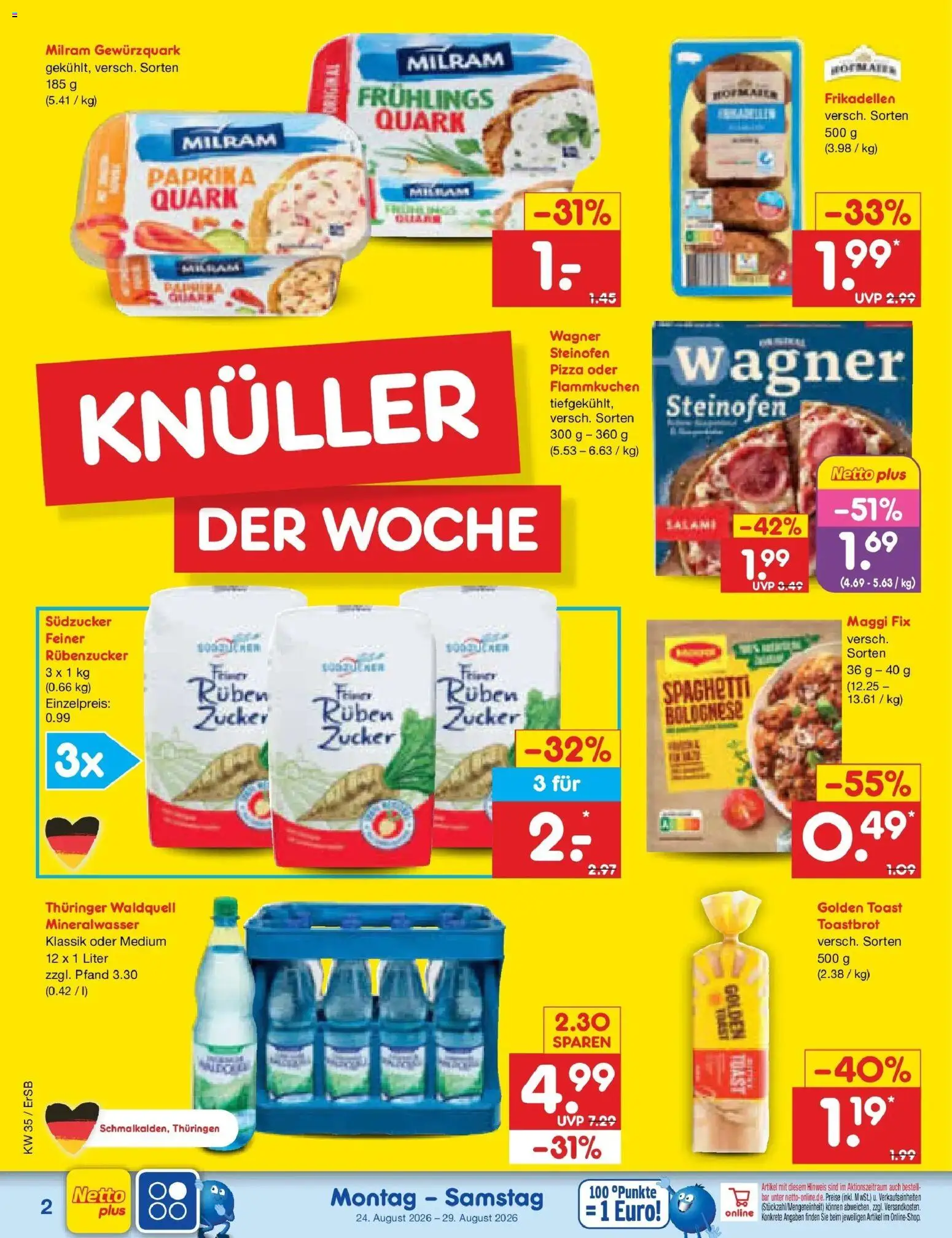 Netto Marken-Discount Prospekt Naumburg (ab 24.08.2026) » Angebote | Seite: 2 | Produkte: Toastbrot, Mineralwasser, Milram, Zucker
