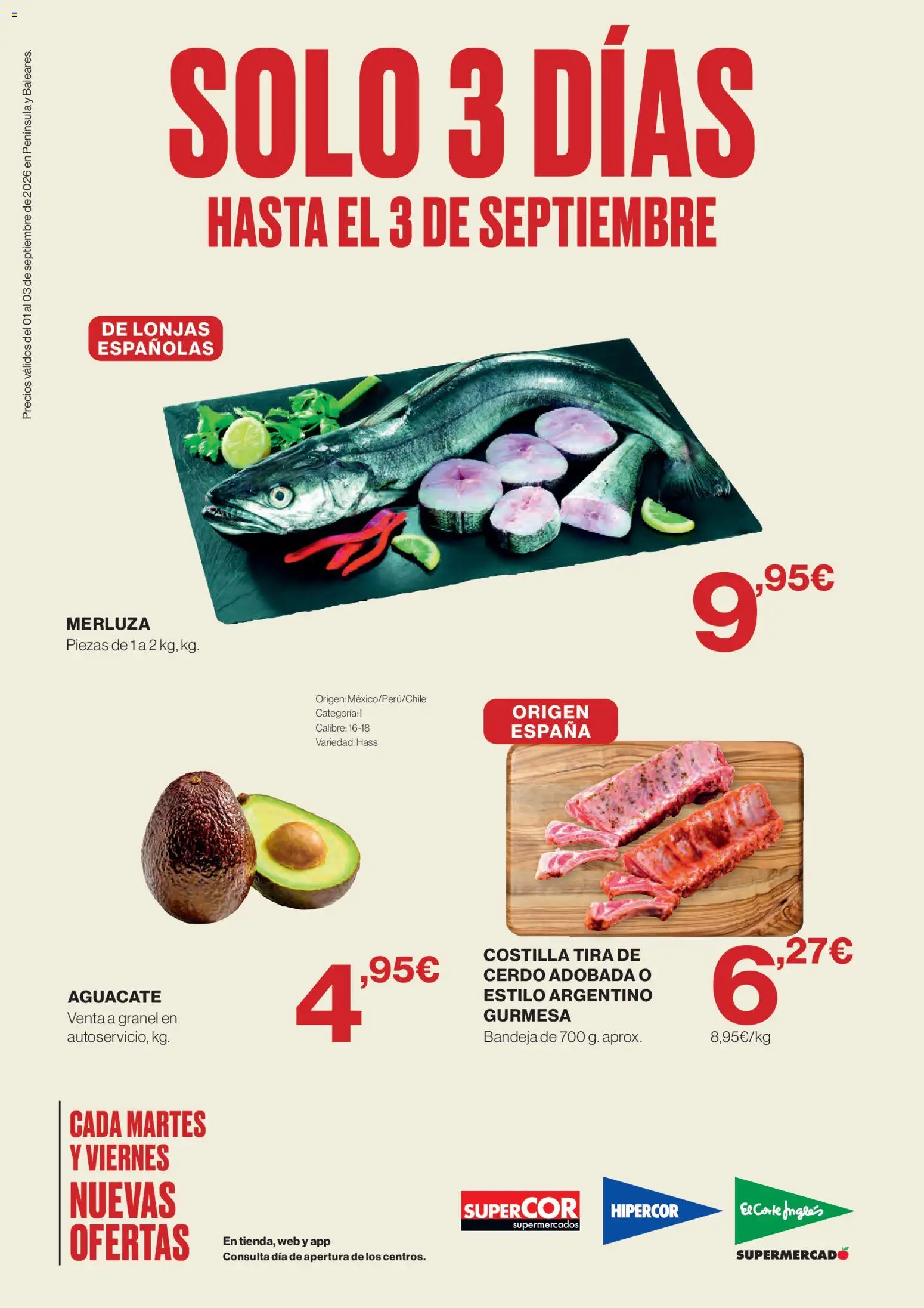 El Corte Inglés Solo 3 dias │ válido desde el 01/09/2026 | Página: 1 | Productos: Aguacate, Cerdo, Bandeja