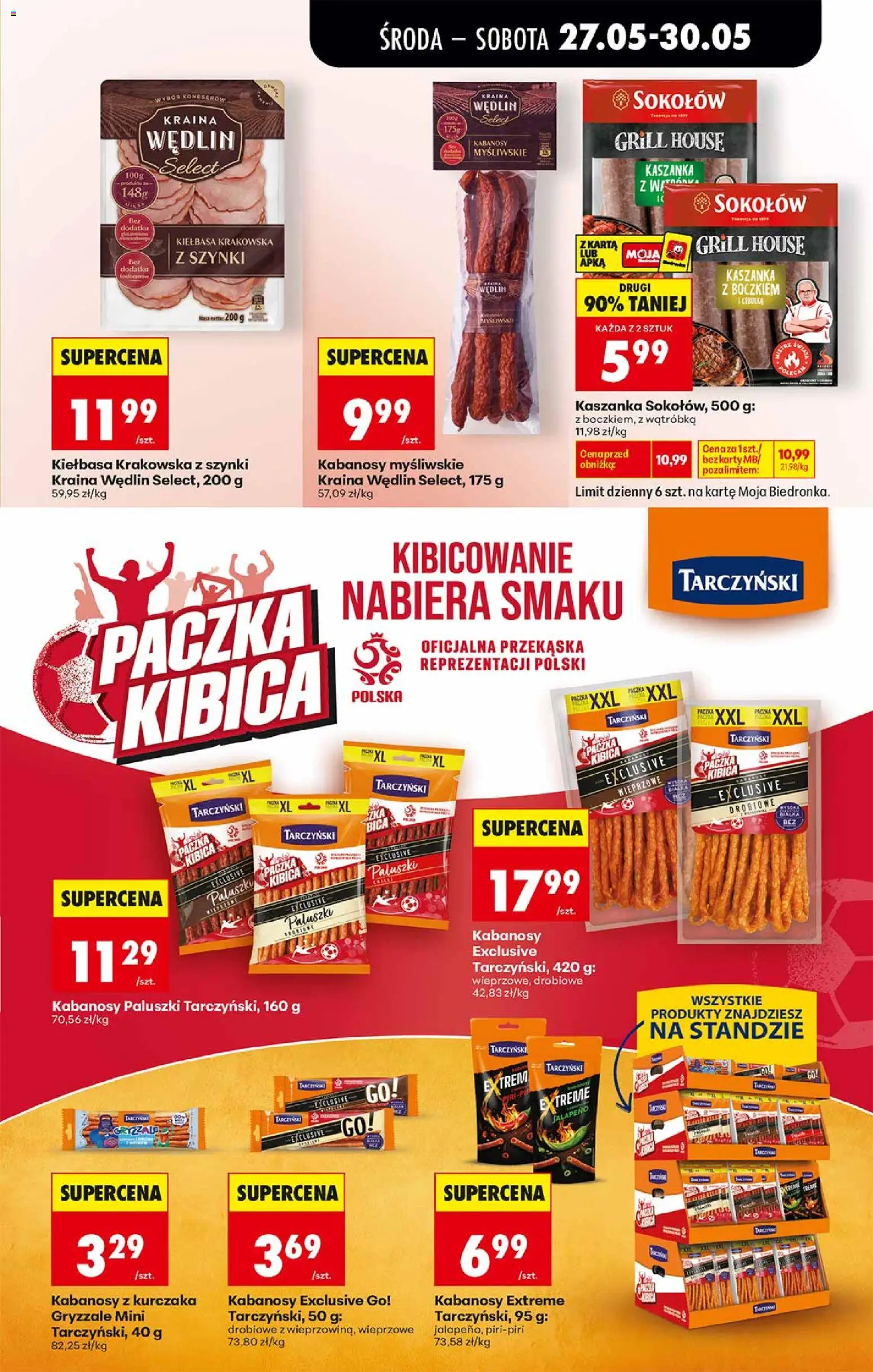 Biedronka gazetka od środy od 27.05.2026 | Strona: 35 | Produkty: Kabanosy z kurczaka, Kaszanka, Kiełbasa krakowska, Paluszki