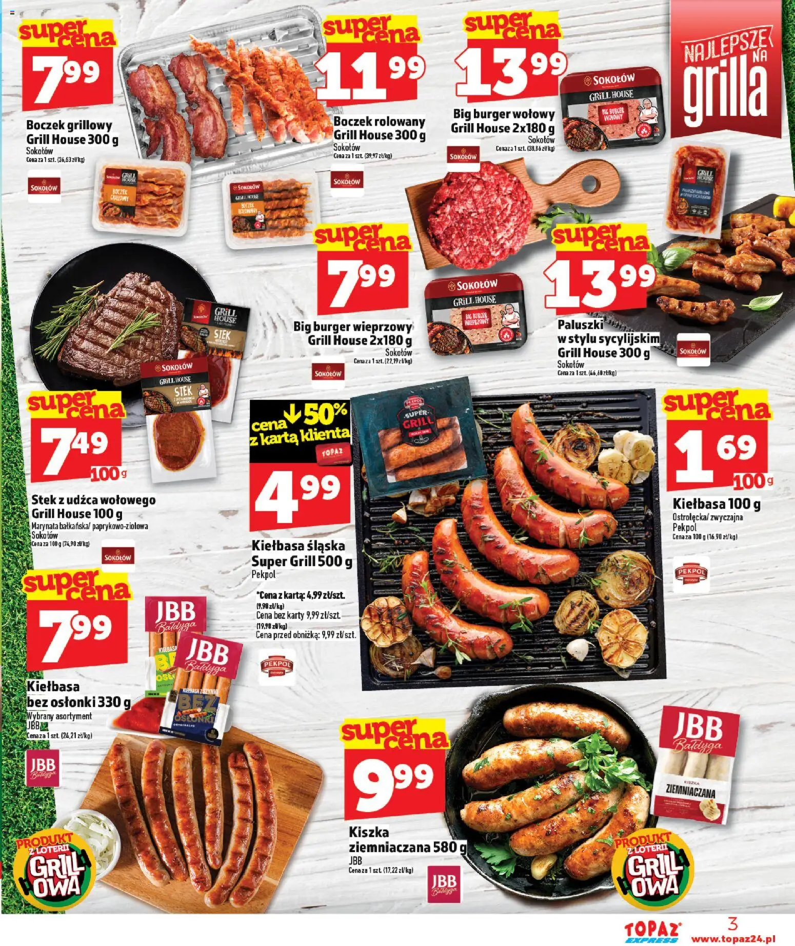 Topaz gazetka - Express od 14.05.2026 | Strona: 3 | Produkty: Burger wołowy, Kiełbasa śląska, Boczek, Paluszki