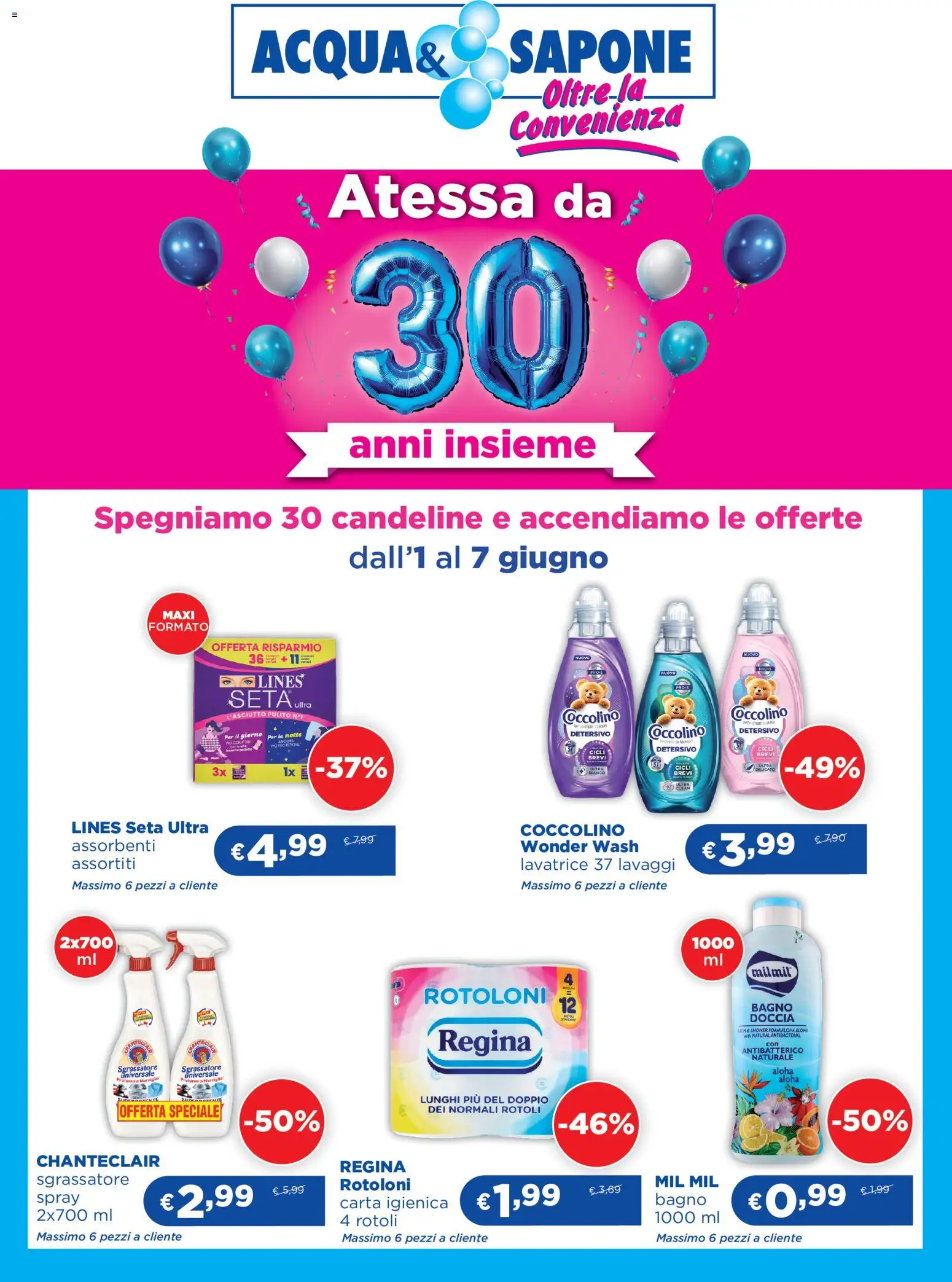 Volantino Acqua e Sapone del 01.06.2026 | Pagina: 1 | Prodotti: Sapone, Sgrassatore, Lavatrice, Bagno