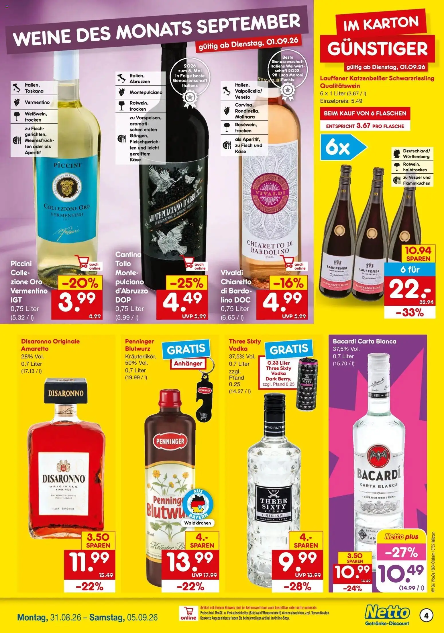 Netto Marken-Discount Prospekt Ötisheim – gültig ab 31.08.2026 | Seite: 4 | Produkte: Bacardi, Bree, Vodka, Wodka