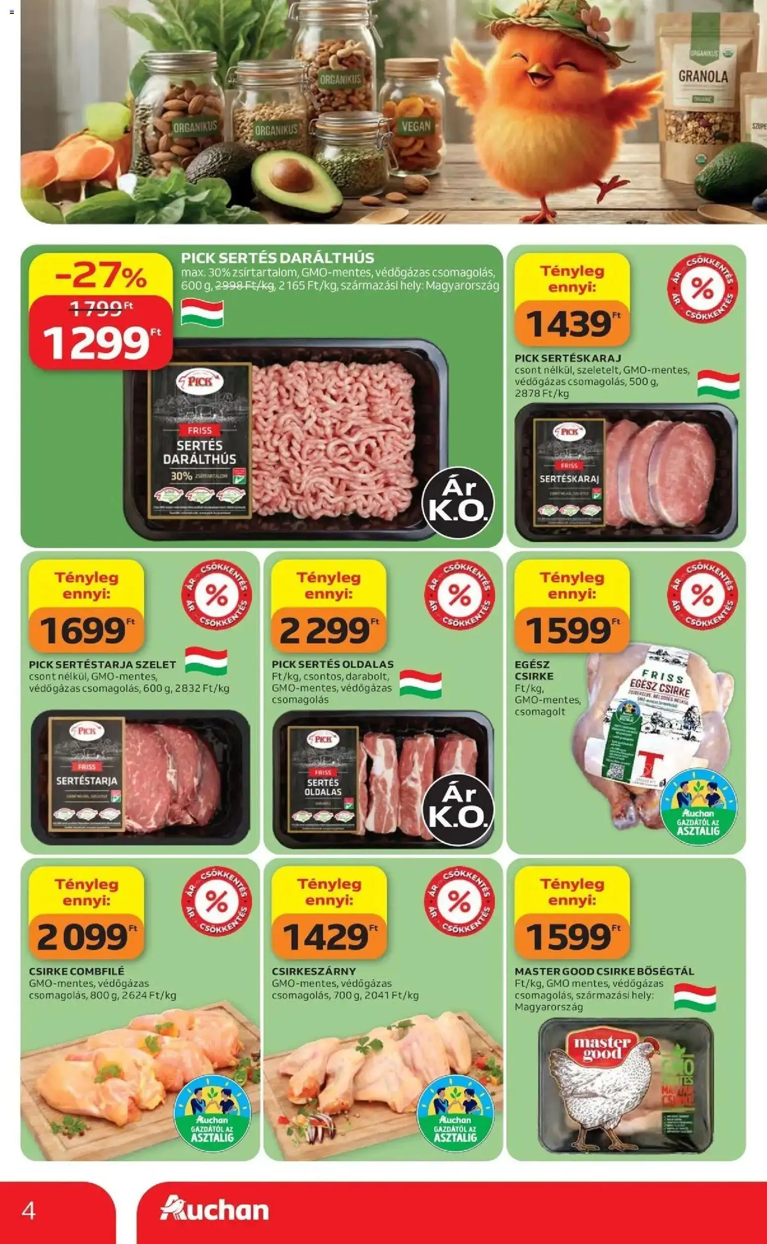 Auchan akciós újság Szolnok - 2026.08.27. -tól/töl > akció, lapozható szórólap 🛍️ | Oldal: 4 | Termékek: Oldalas, Szelet, Sertéskaraj, Egész csirke